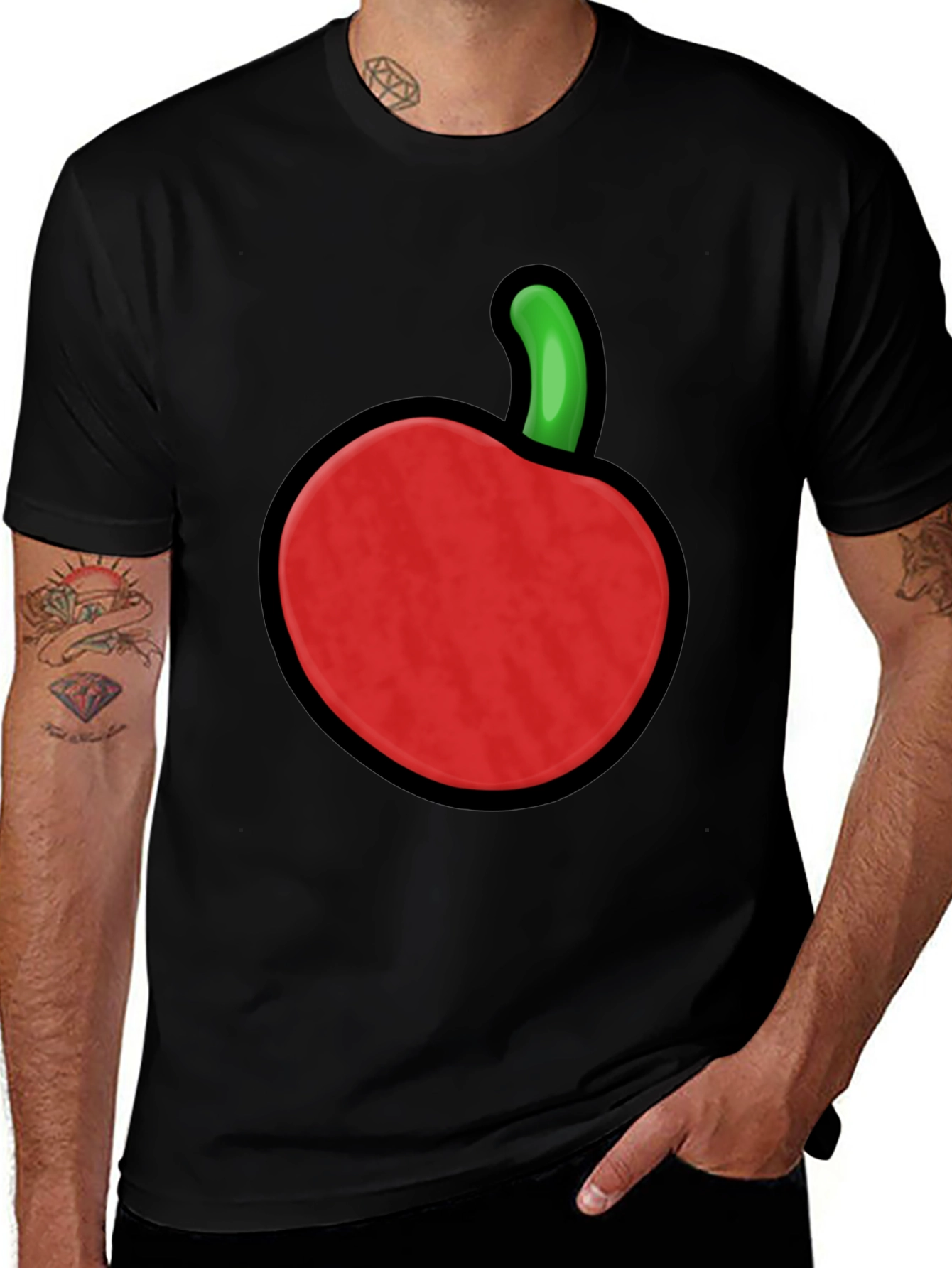 Red Apple Graphic Print Black T-Shirt