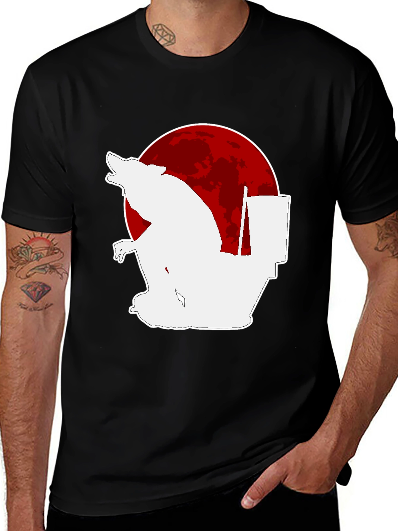 Black Humorous Wolf on Toilet T-Shirt - Black main image