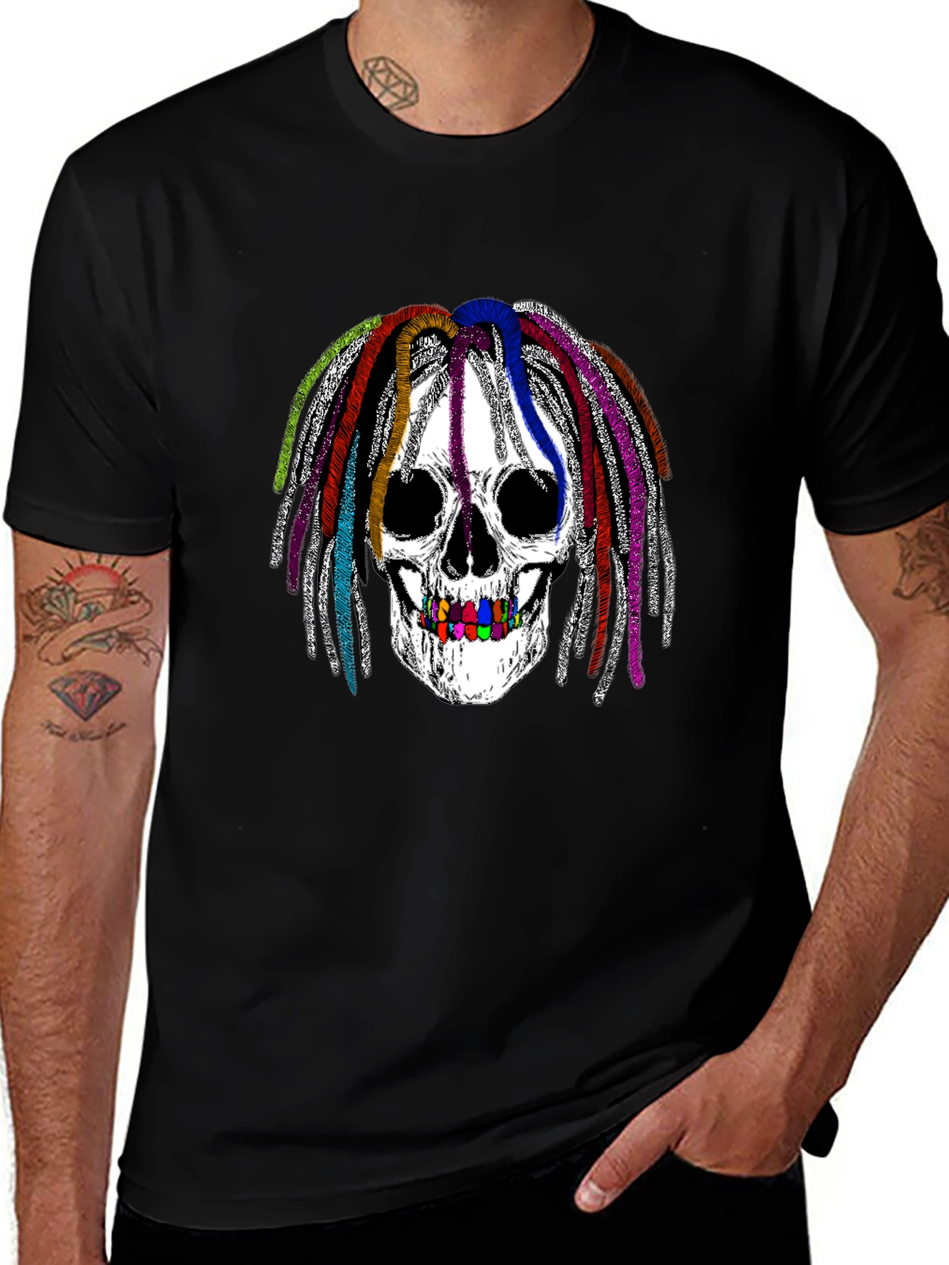 Variant 16 of Skull with Colorful Dreads Graphic Tee - Black