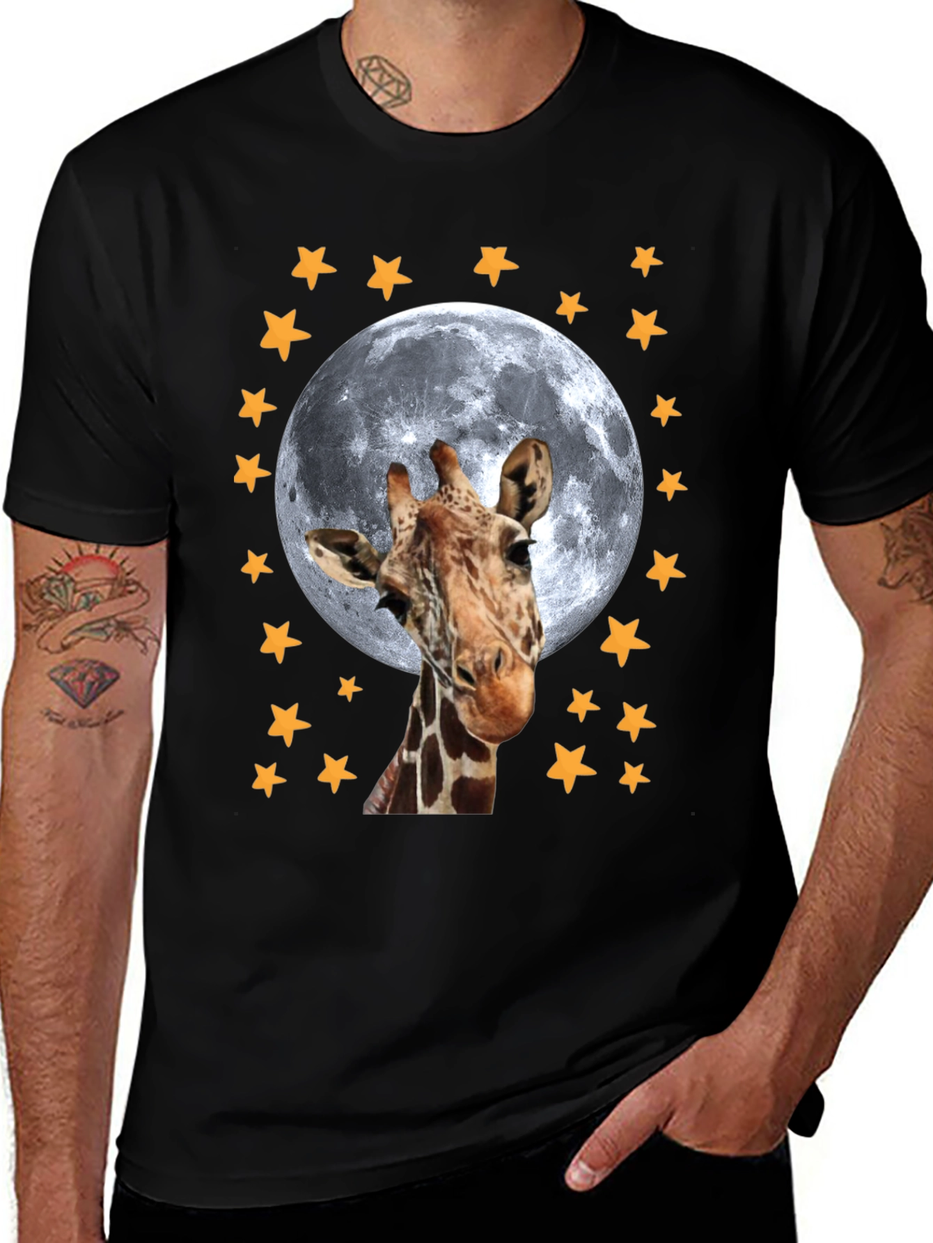 Giraffe Moon Stars Black T-Shirt