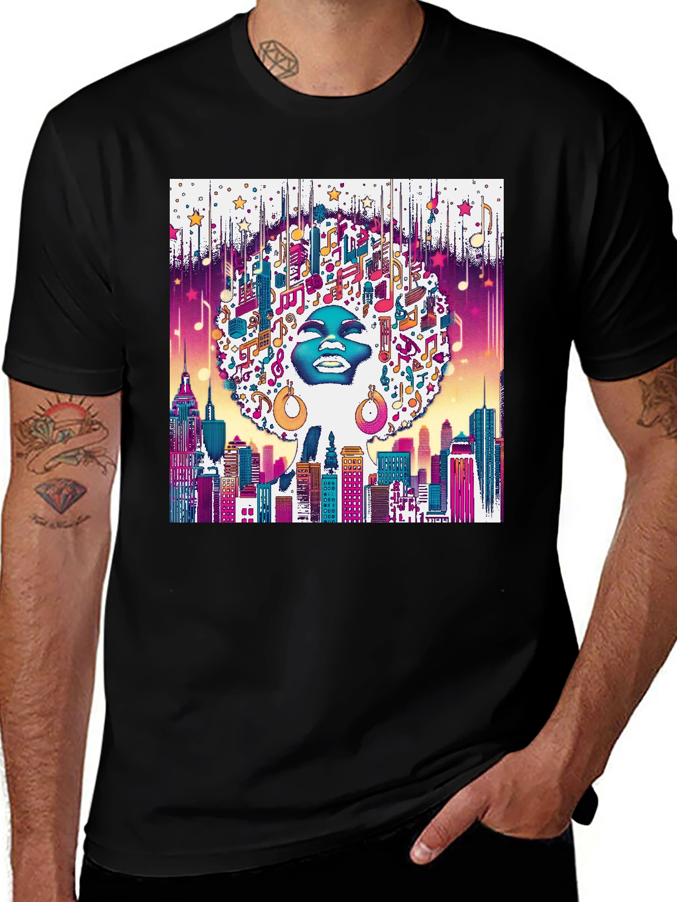 Variant 7 of Musical Afro Graphic Tee - Cityscape Design