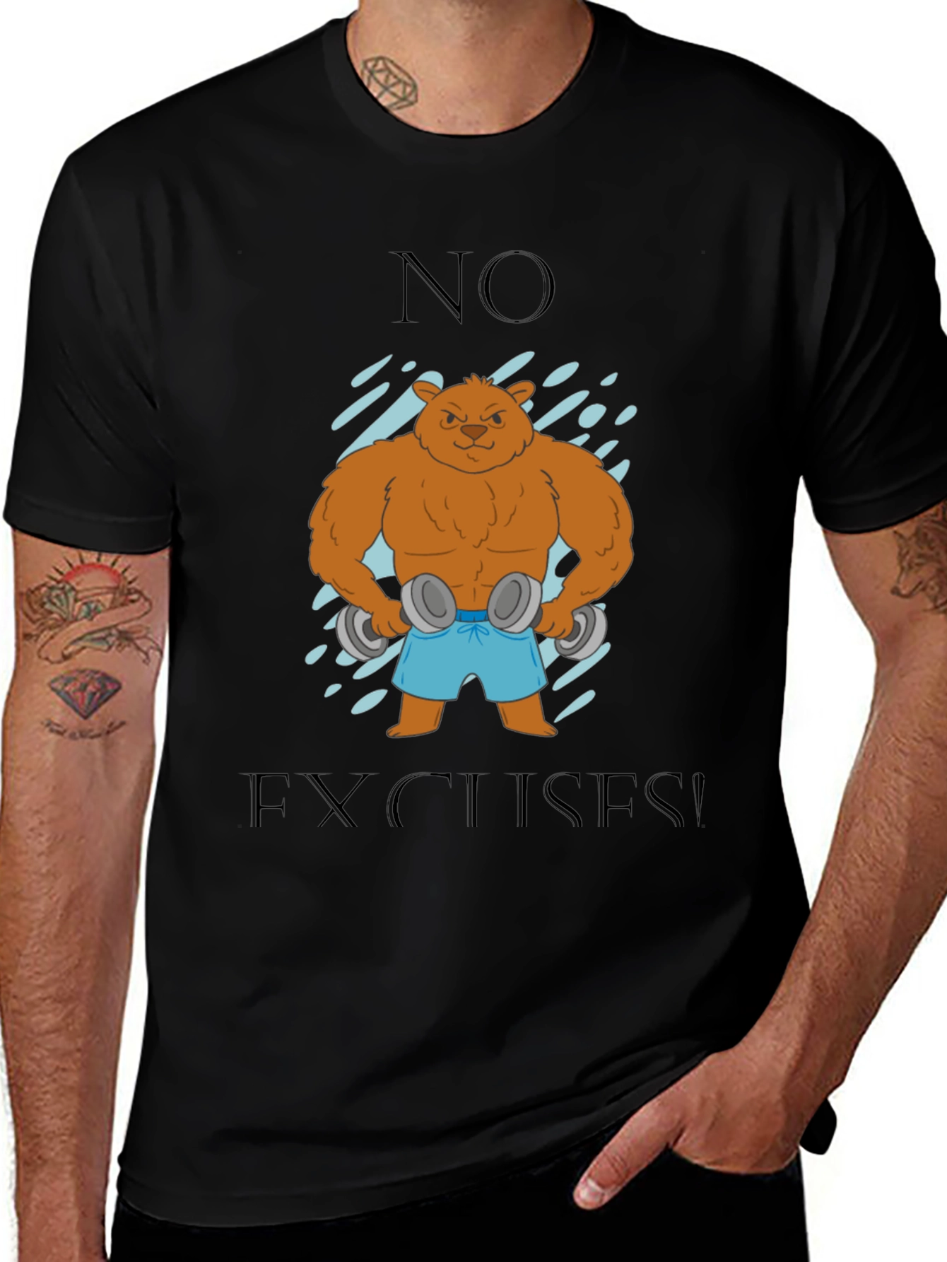 Black Bear with Dumbbells T-Shirt - No Excuses! main image