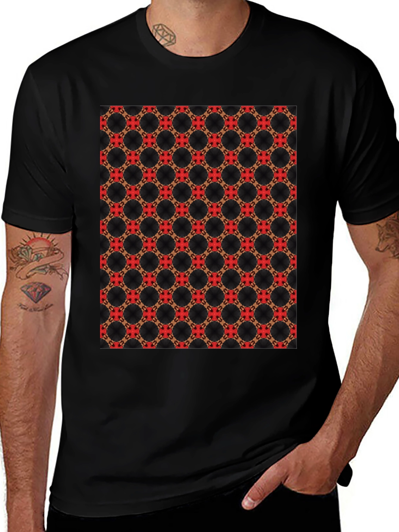 Variant 13 of Patterned Black T-Shirt: Red & Gold Geometric Design