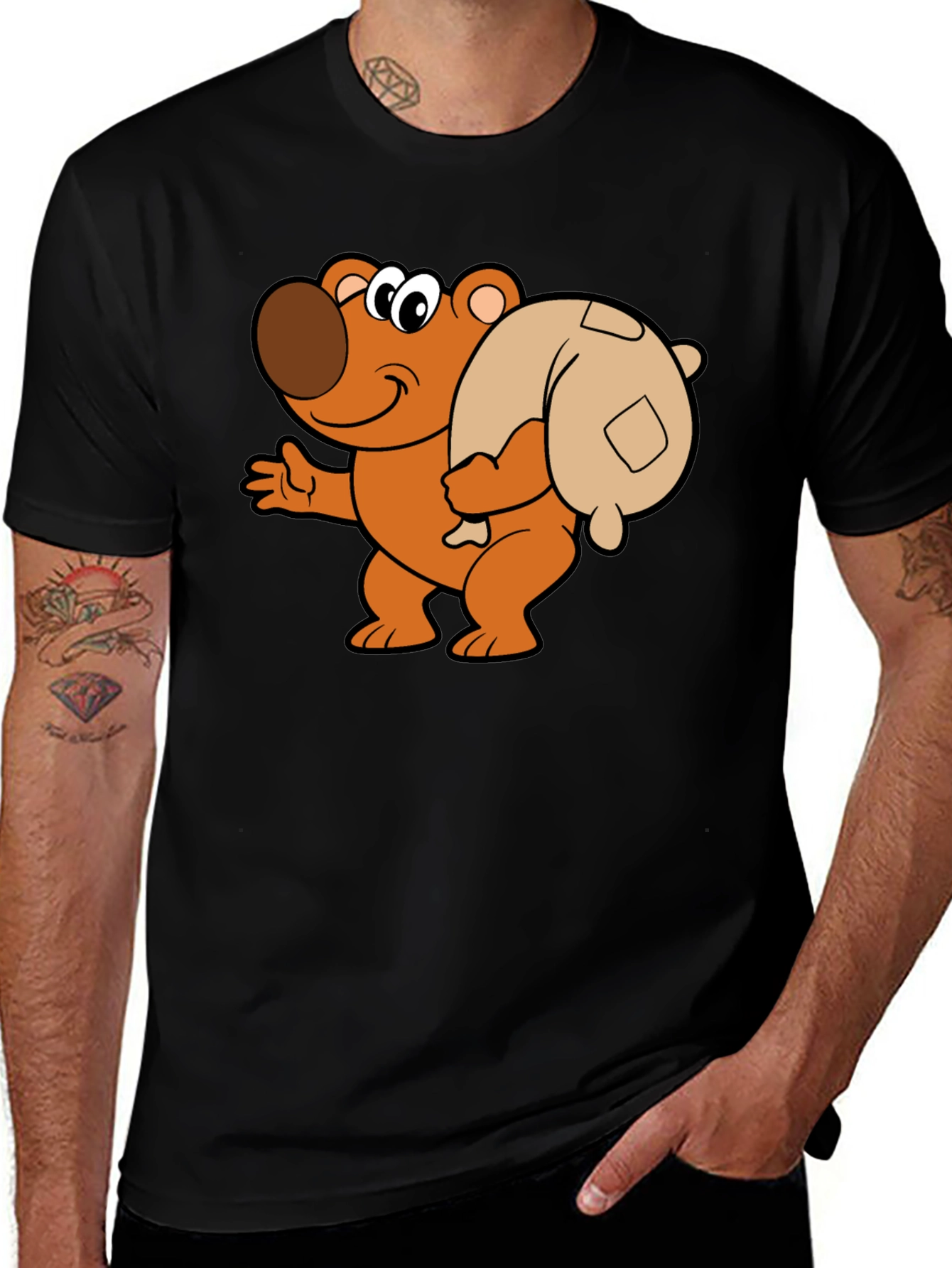 Variant 20 of Cartoon Bear Graphic Tee - Black Cotton Blend Shirt