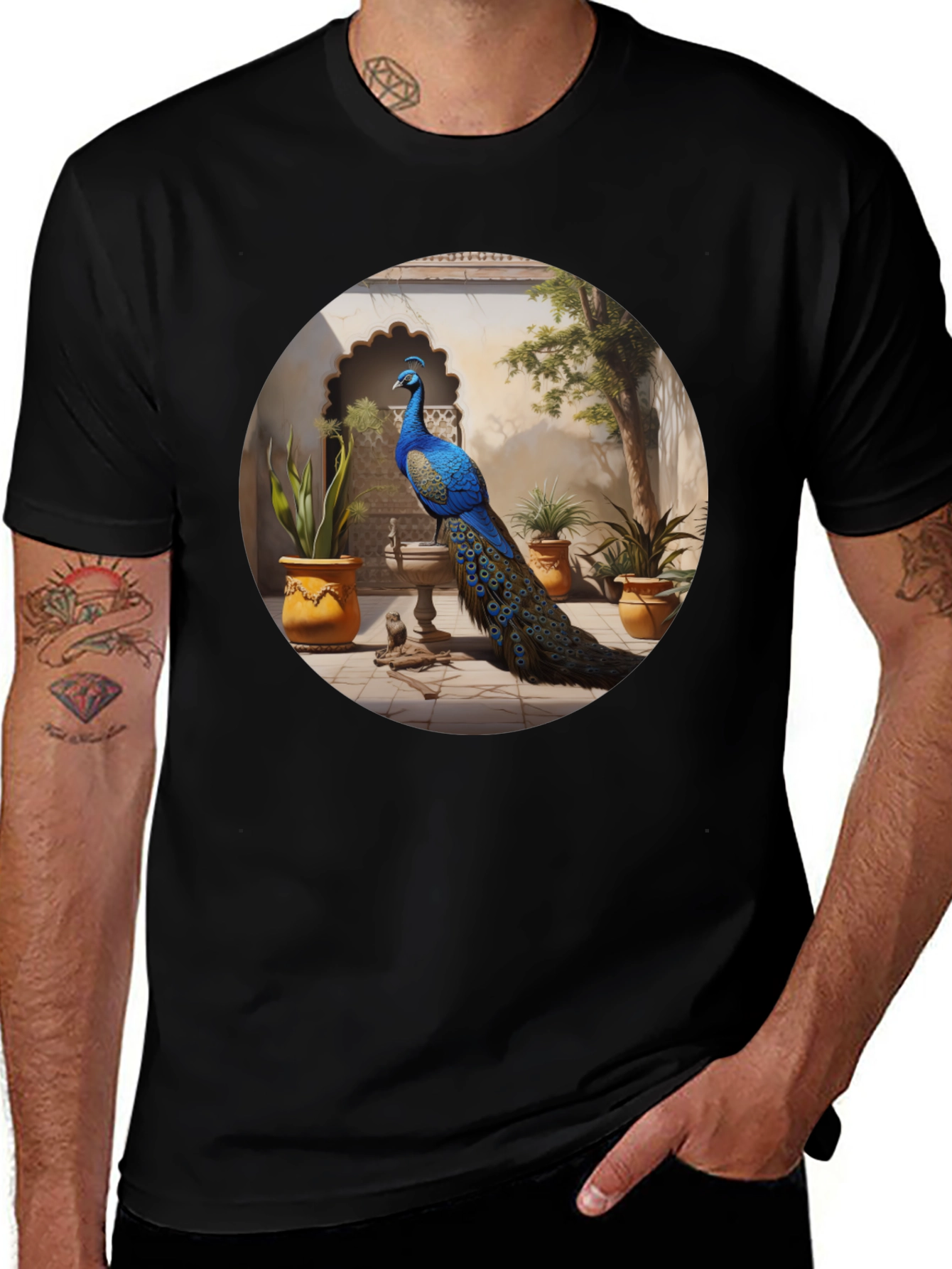Variant 19 of Peacock Print Black T-Shirt - Exotic Bird Tee