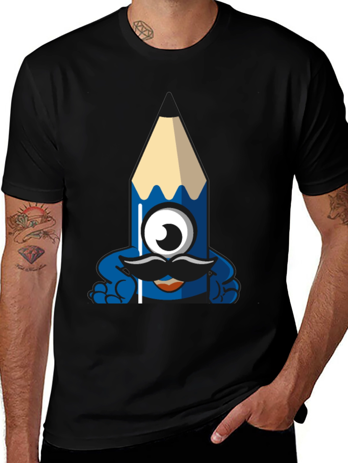 Variant 9 of Funny Pencil Monster Graphic Tee - Black Cotton T-Shirt