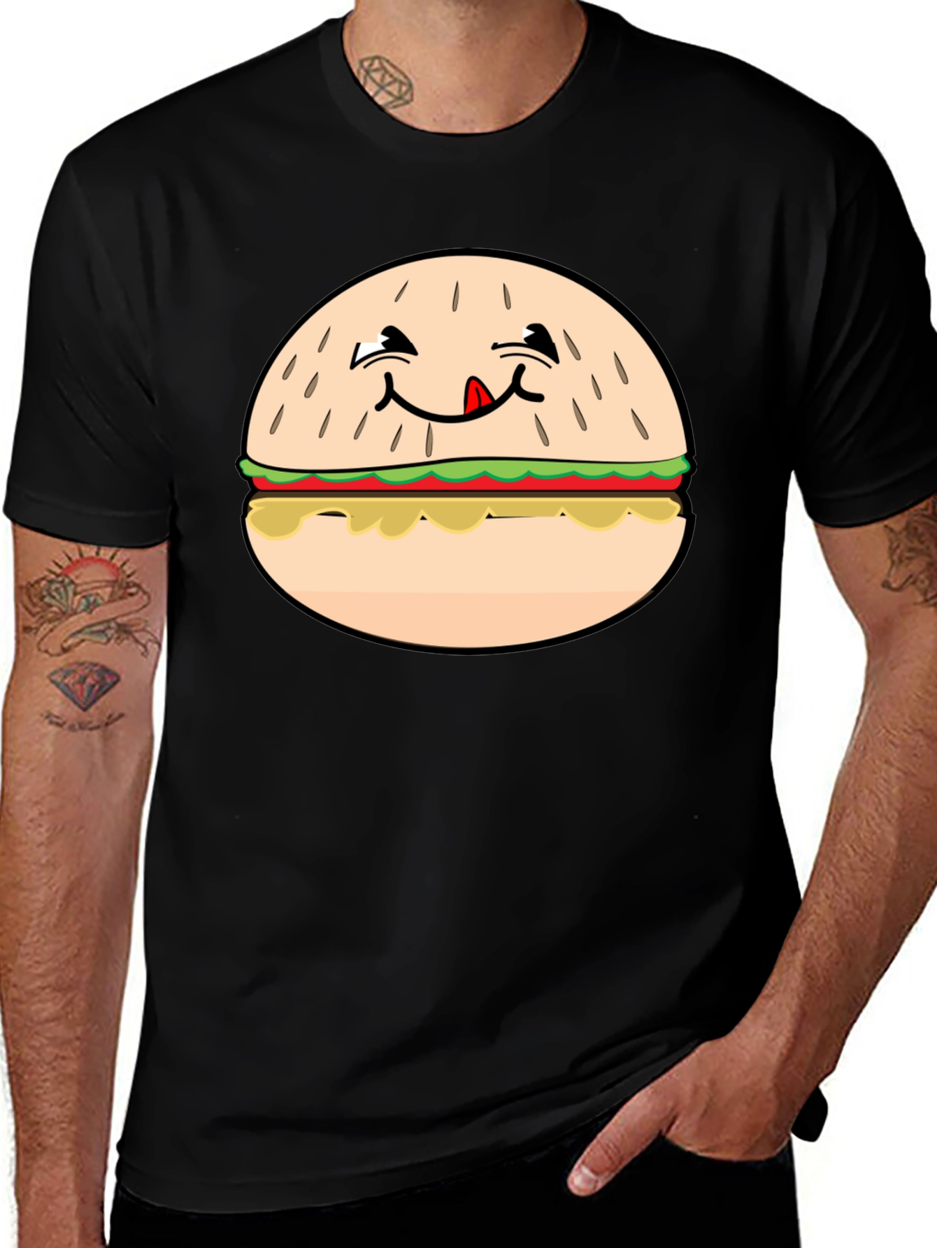 Variant 13 of Funny Burger Graphic T-Shirt - Black Crew Neck Tee