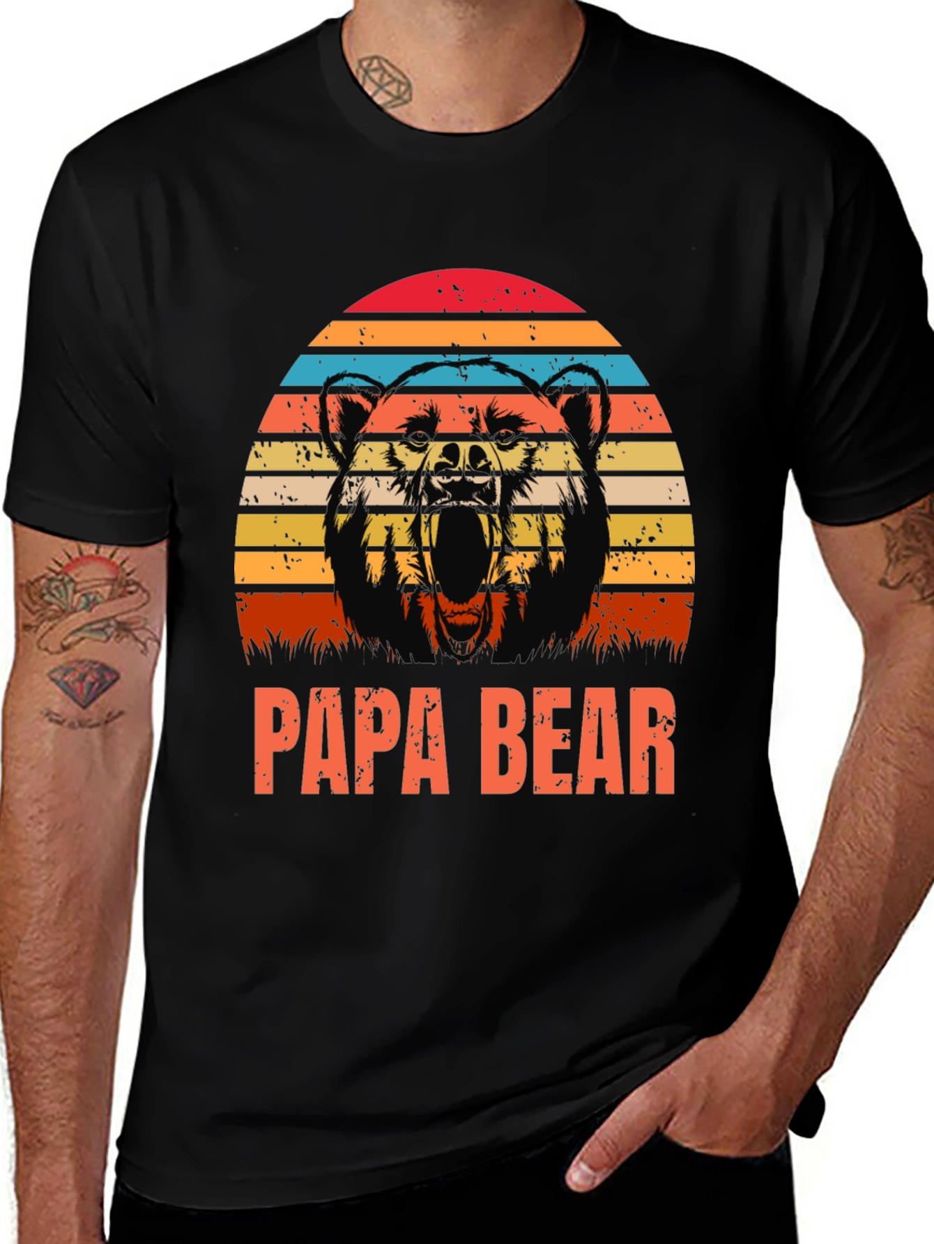 Papa Bear Graphic T-Shirt - Distressed Sunset Design
