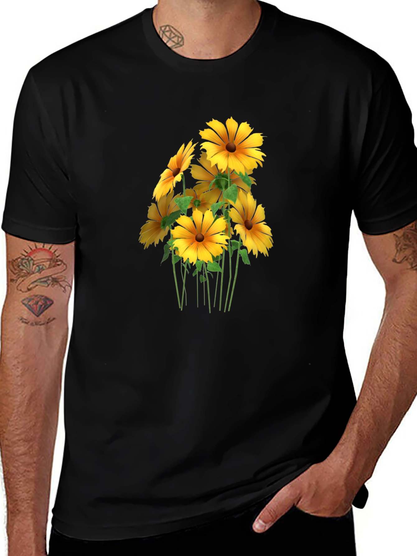 Variant 15 of Floral Graphic Tee - Black T-Shirt with Yellow Flowers
