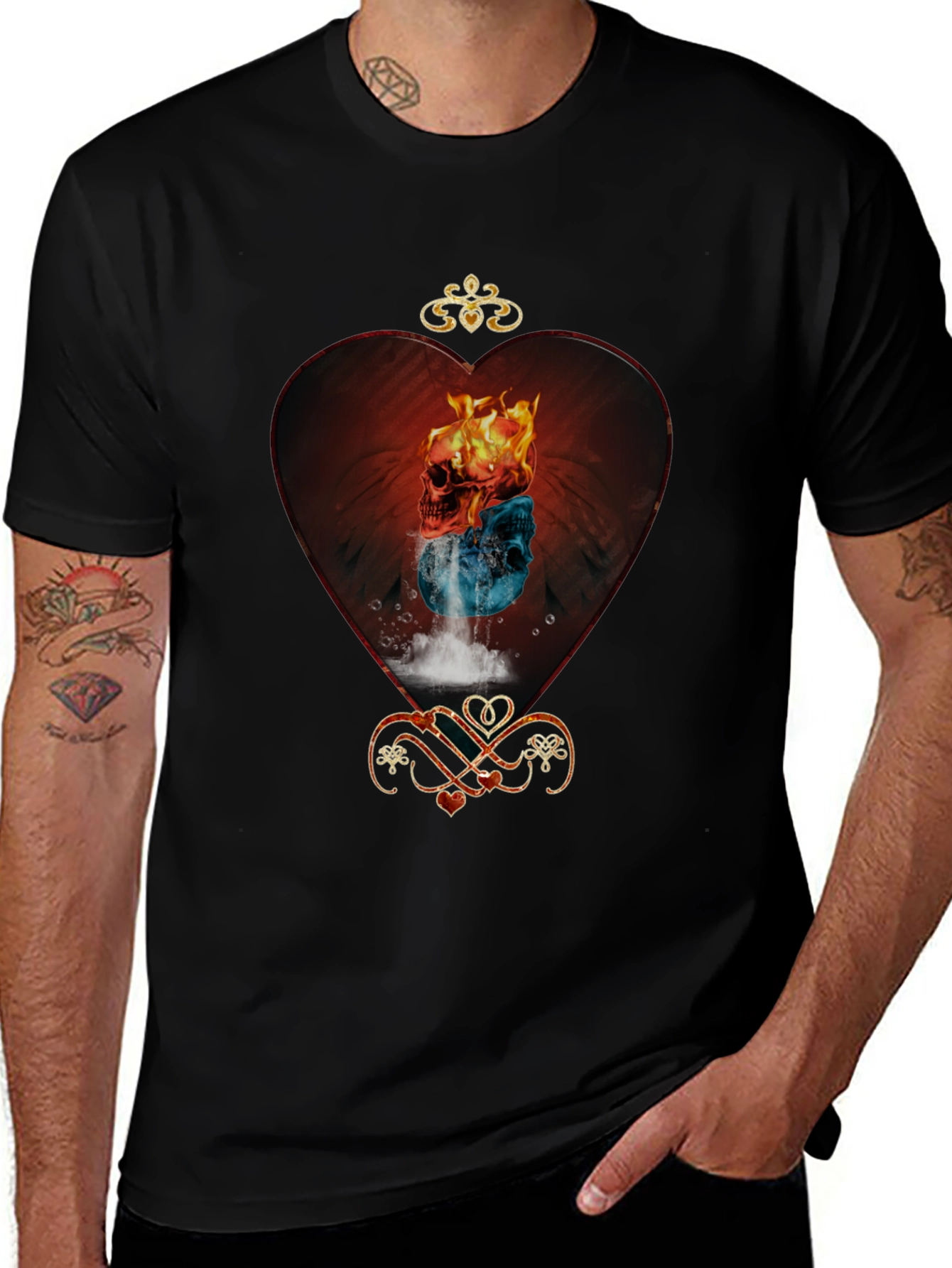 Variant 30 of Fire and Ice Skull Heart Graphic Tee