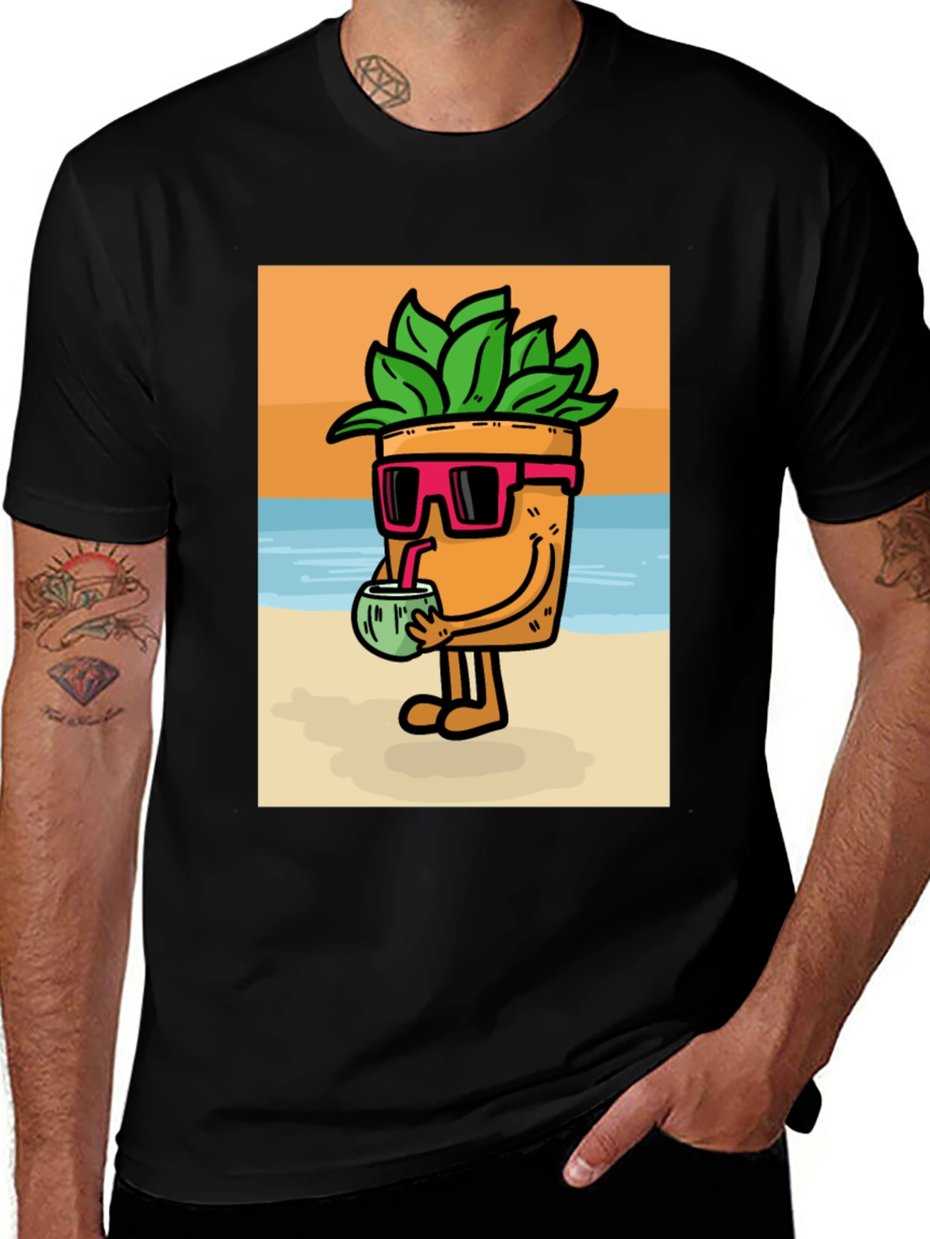 Plant Pot Character Graphic Tee - Beach Vibes