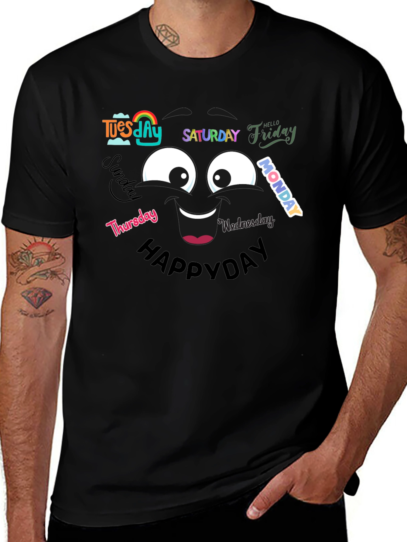 Variant 2 of Happy Days of the Week T-Shirt - Black Cotton Tee
