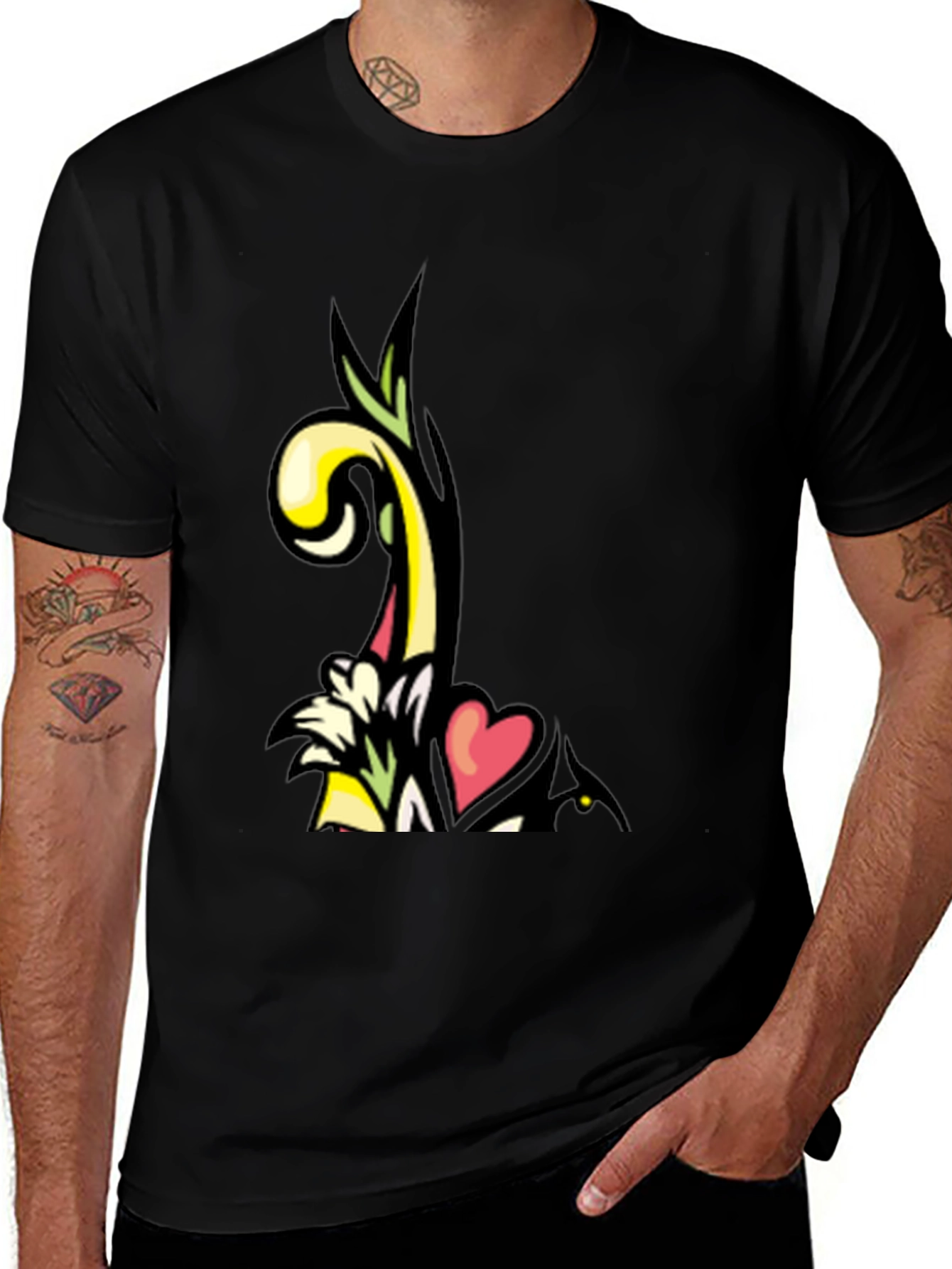 Variant 19 of Artistic Floral Heart Graphic Black T-Shirt