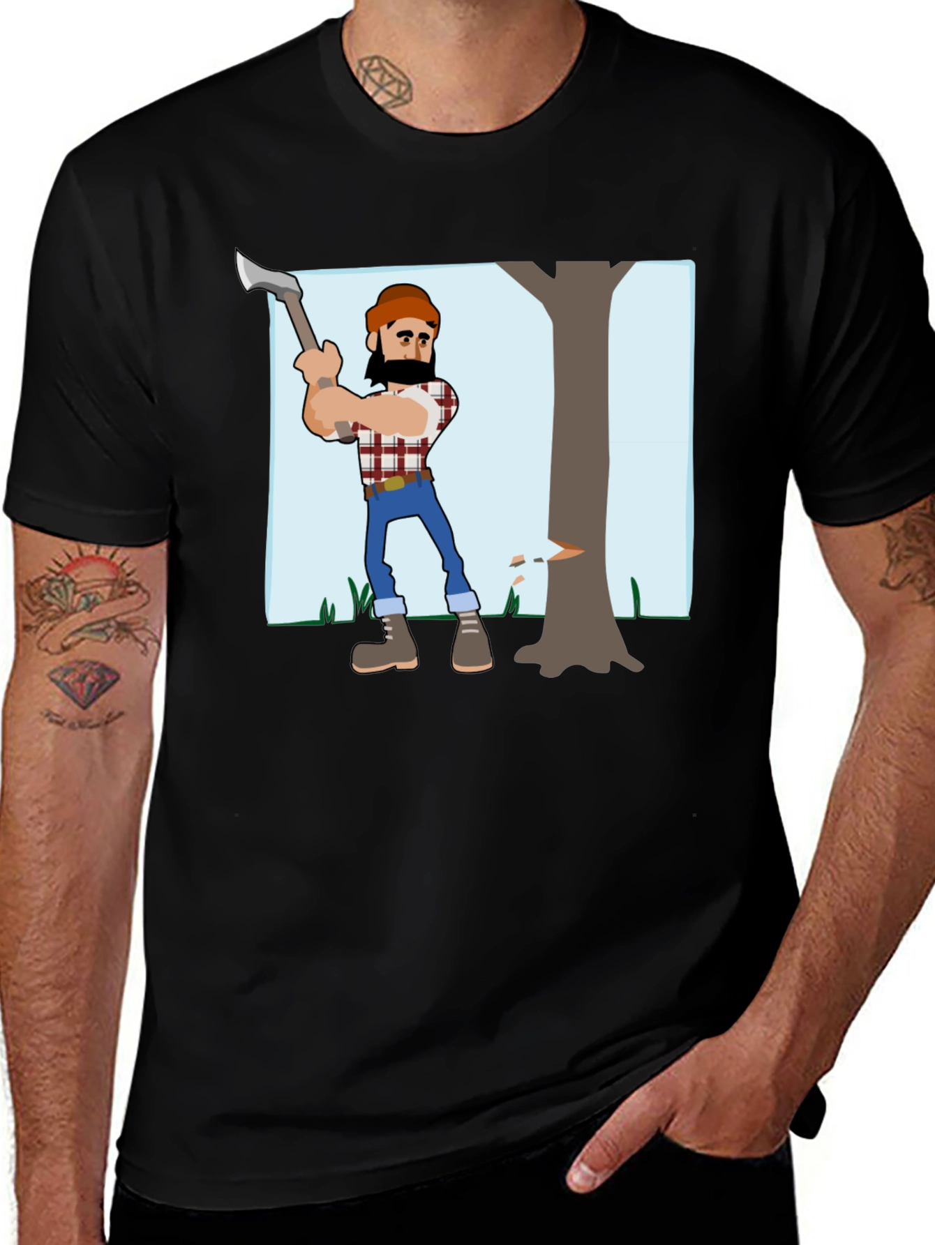 Variant 11 of Cartoon Lumberjack Graphic T-Shirt - Black