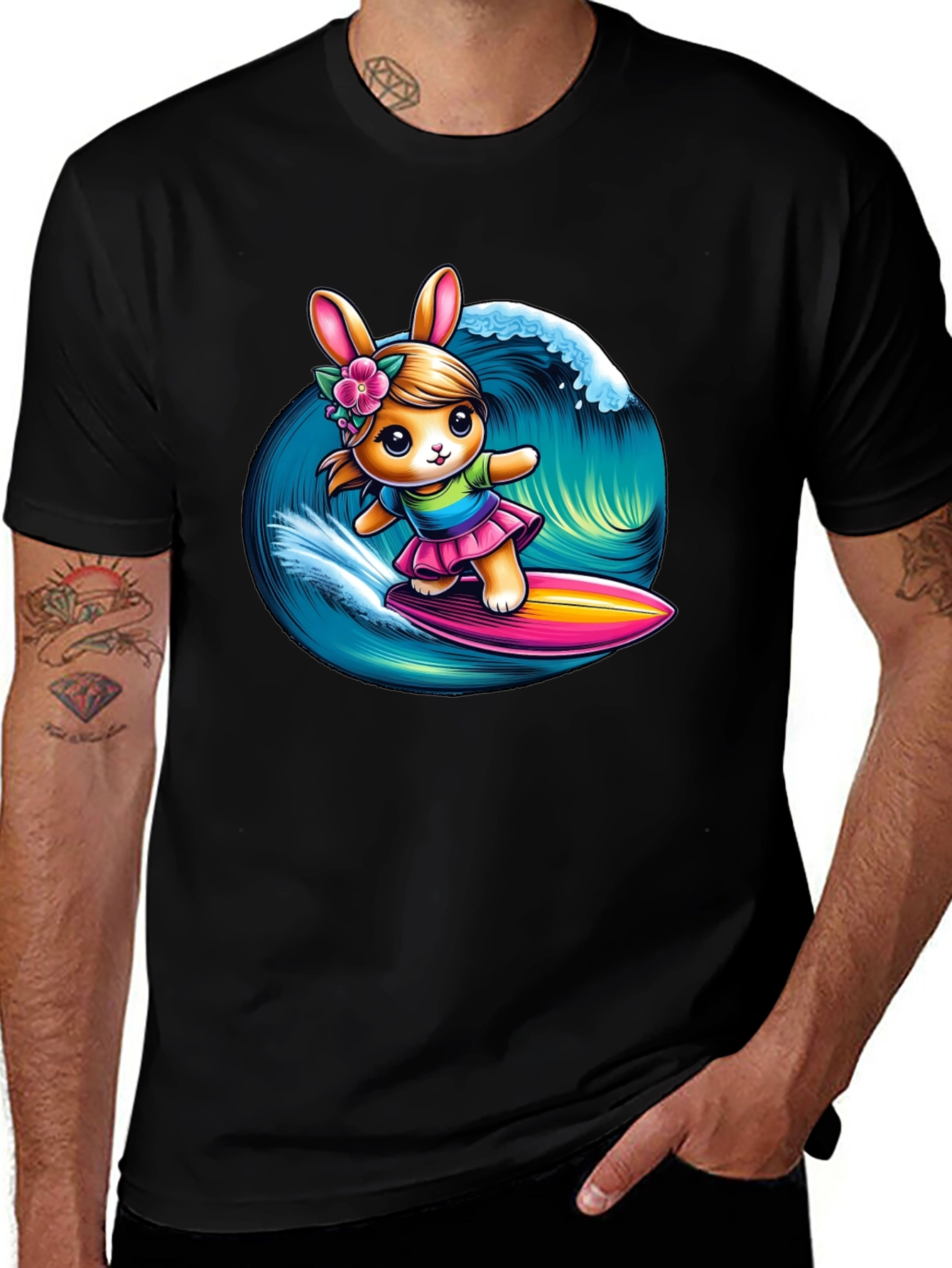 Variant 6 of Cute Bunny Surfer Graphic Tee - Black Unisex T-Shirt