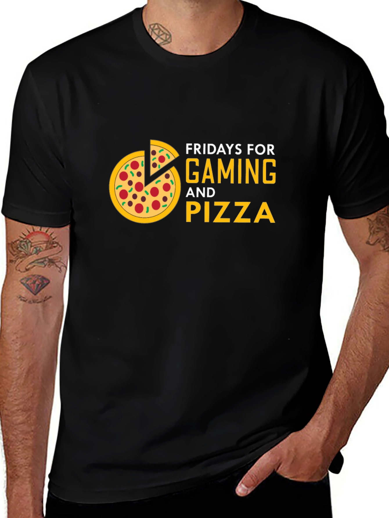 Variant 30 of Friday Gaming & Pizza Graphic Tee - Black T-Shirt