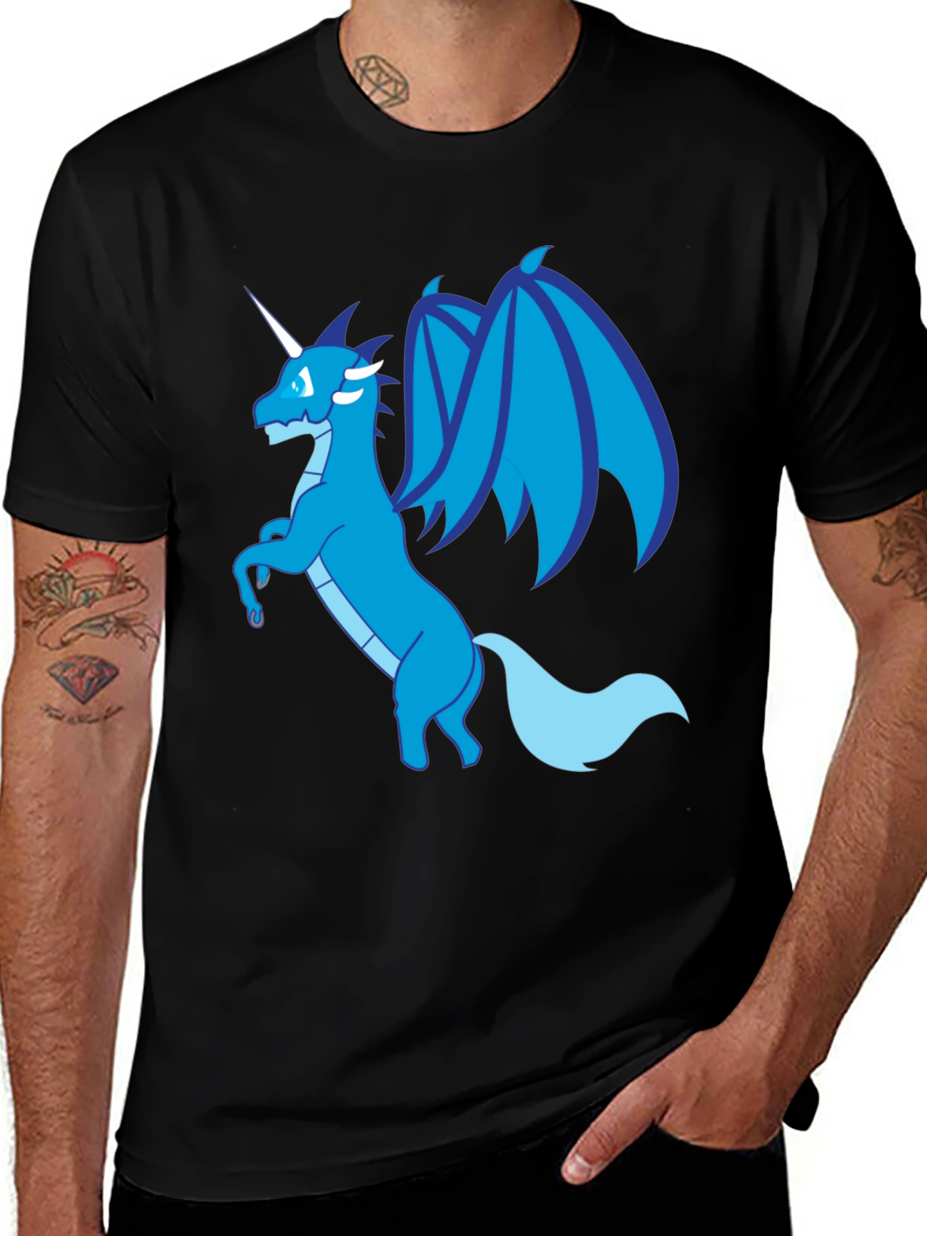 Variant 27 of Blue Dragon Unicorn Graphic Tee - Black Cotton Blend Shirt