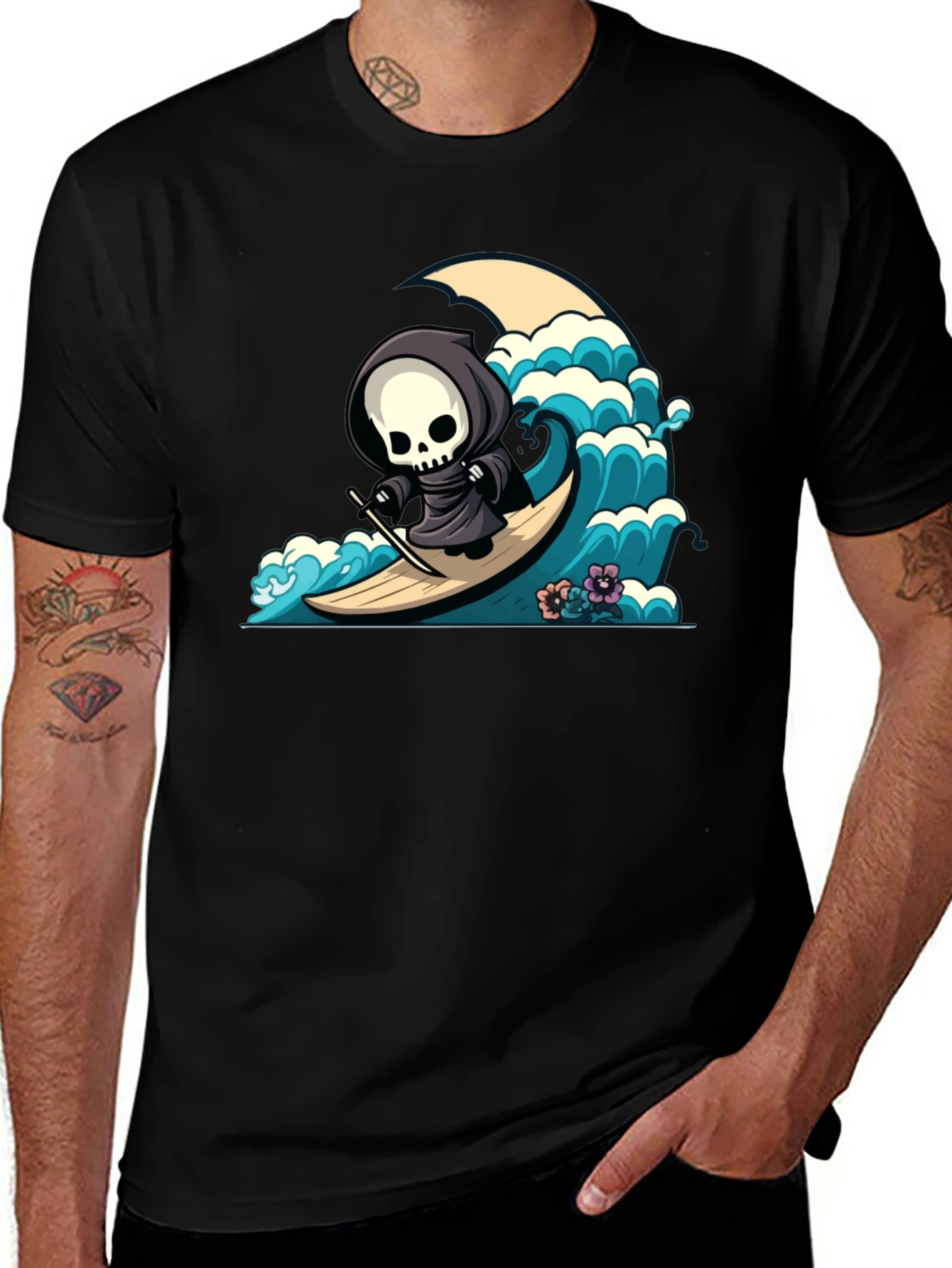 Variant 21 of Surfing Grim Reaper Graphic Tee - Cool Casual Wear