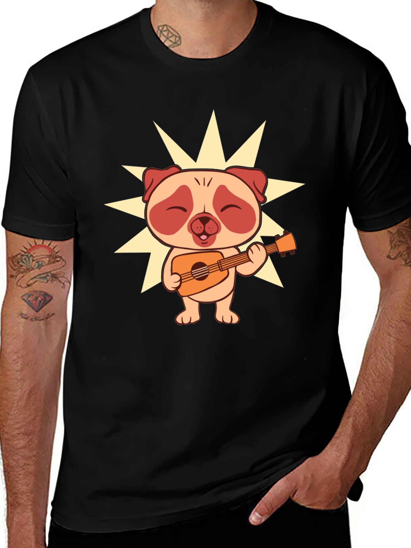 Variant 14 of Cute Pug Guitarist Black T-Shirt