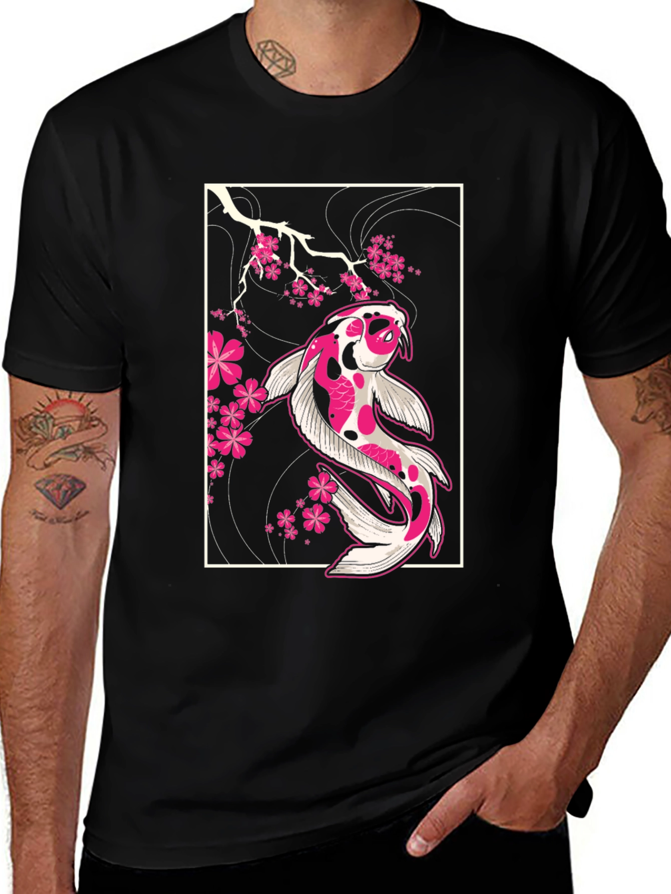 Variant 27 of Koi Fish Graphic Tee - Black Cotton T-Shirt