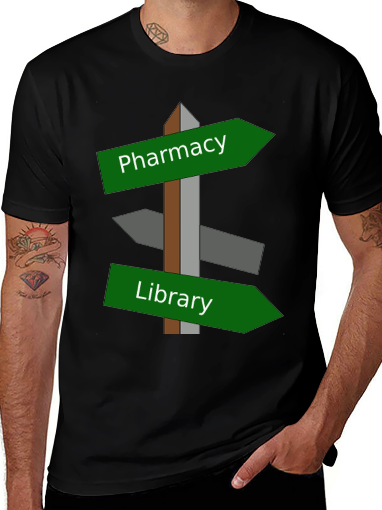 Variant 5 of Pharmacy or Library T-Shirt Funny Directional Sign Post