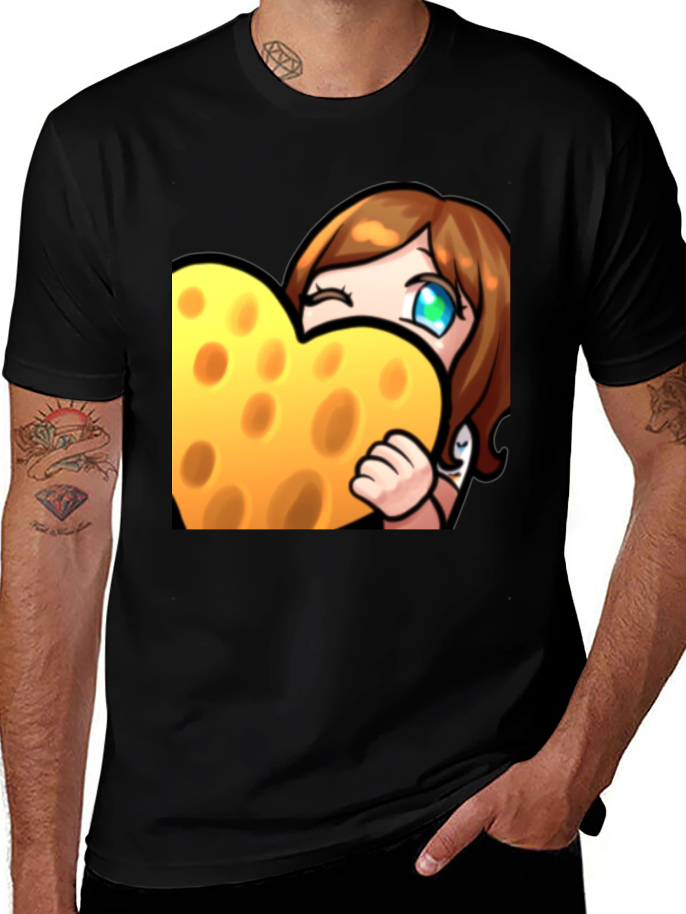 Variant 11 of Cartoon Cheese Heart Graphic Black T-Shirt