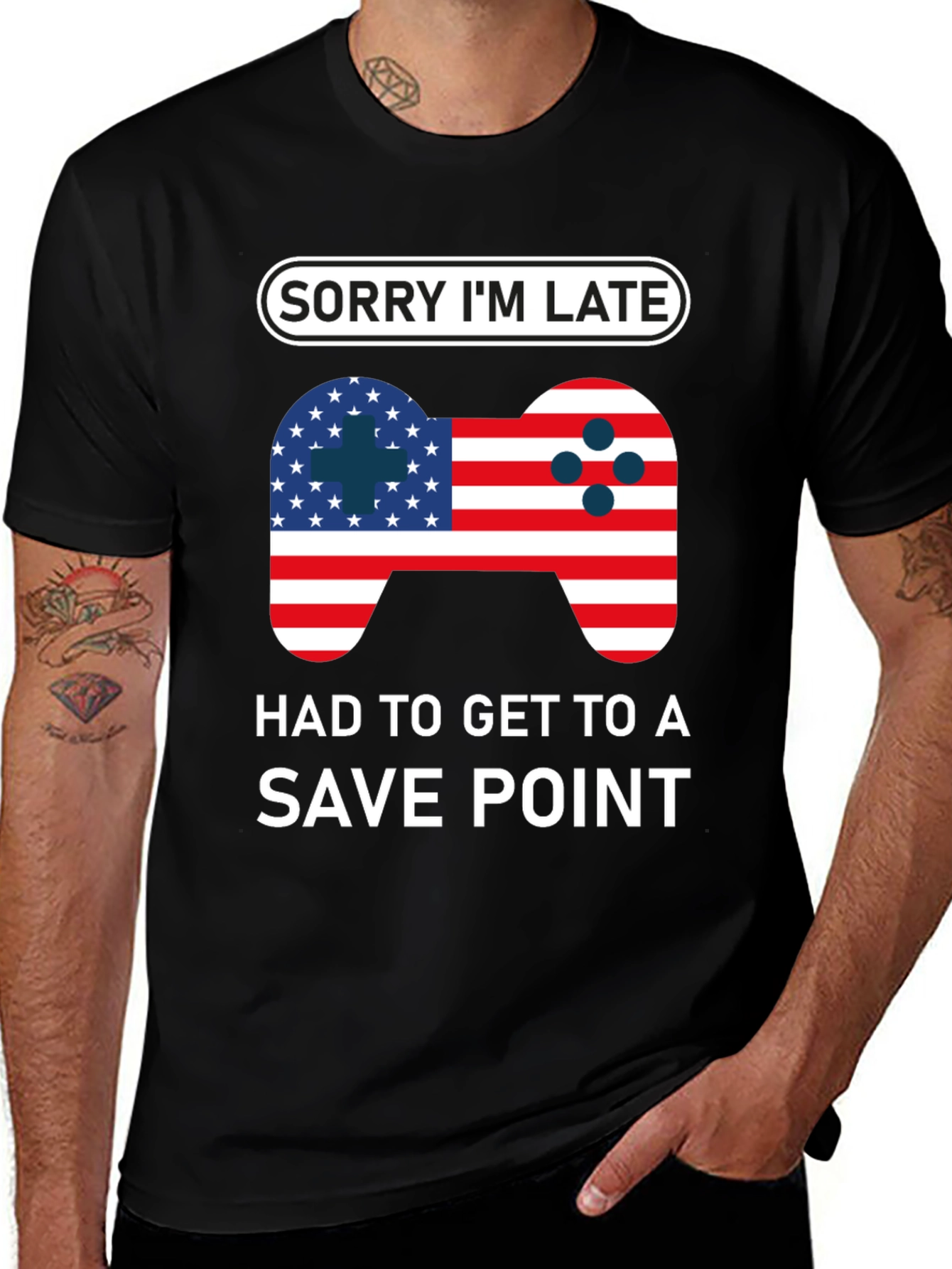 Variant 28 of Gamer Humor T-Shirt - Sorry I'm Late Save Point Tee