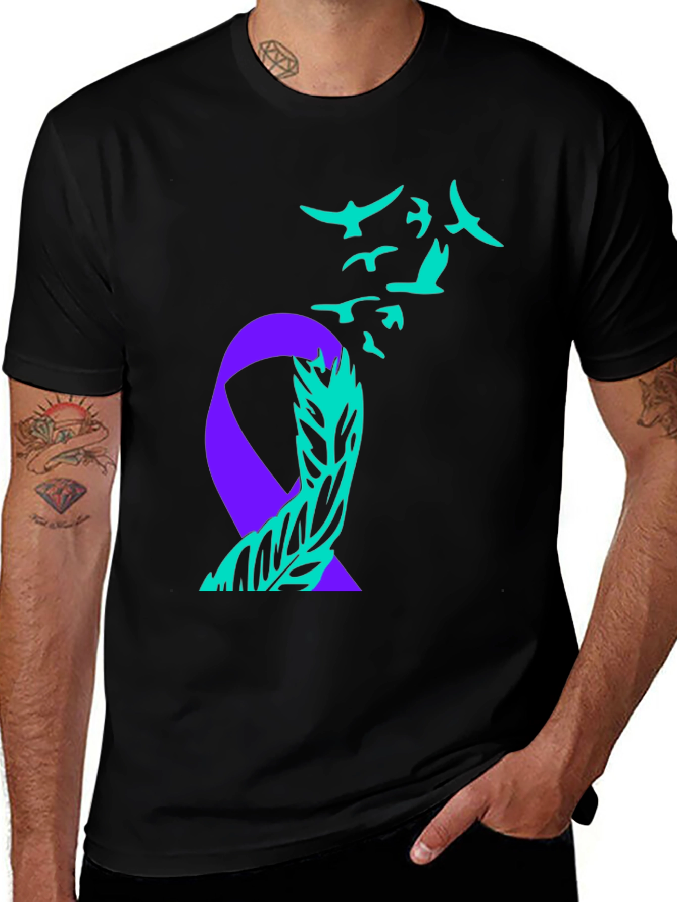 Variant 8 of Teal Ribbon Birds Black T-Shirt