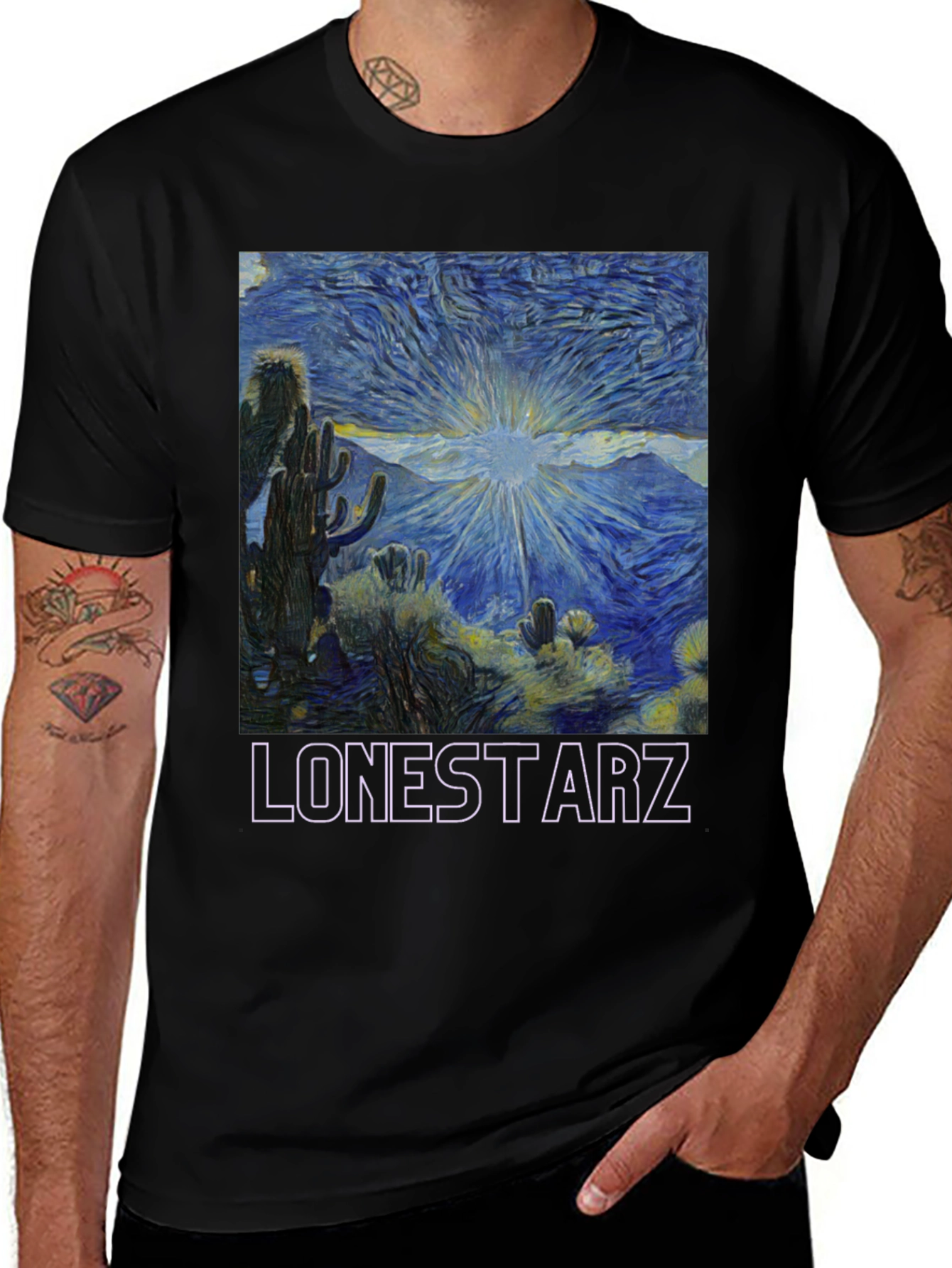 Variant 30 of Lonestarz Starry Night T-Shirt - Desert Cactus Van Gogh Style