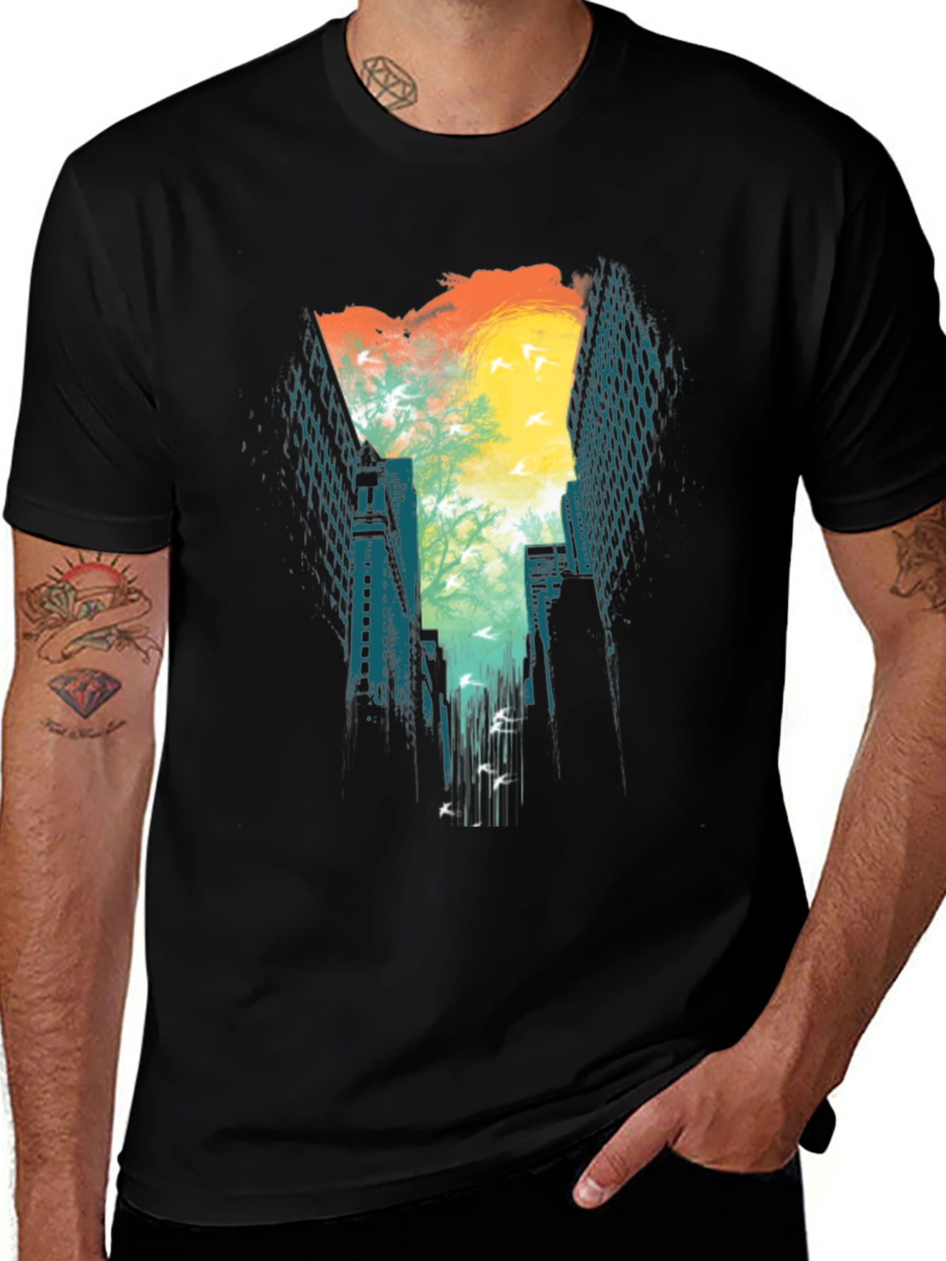 Variant 27 of Urban Escape T-Shirt: Cityscape Bird Design