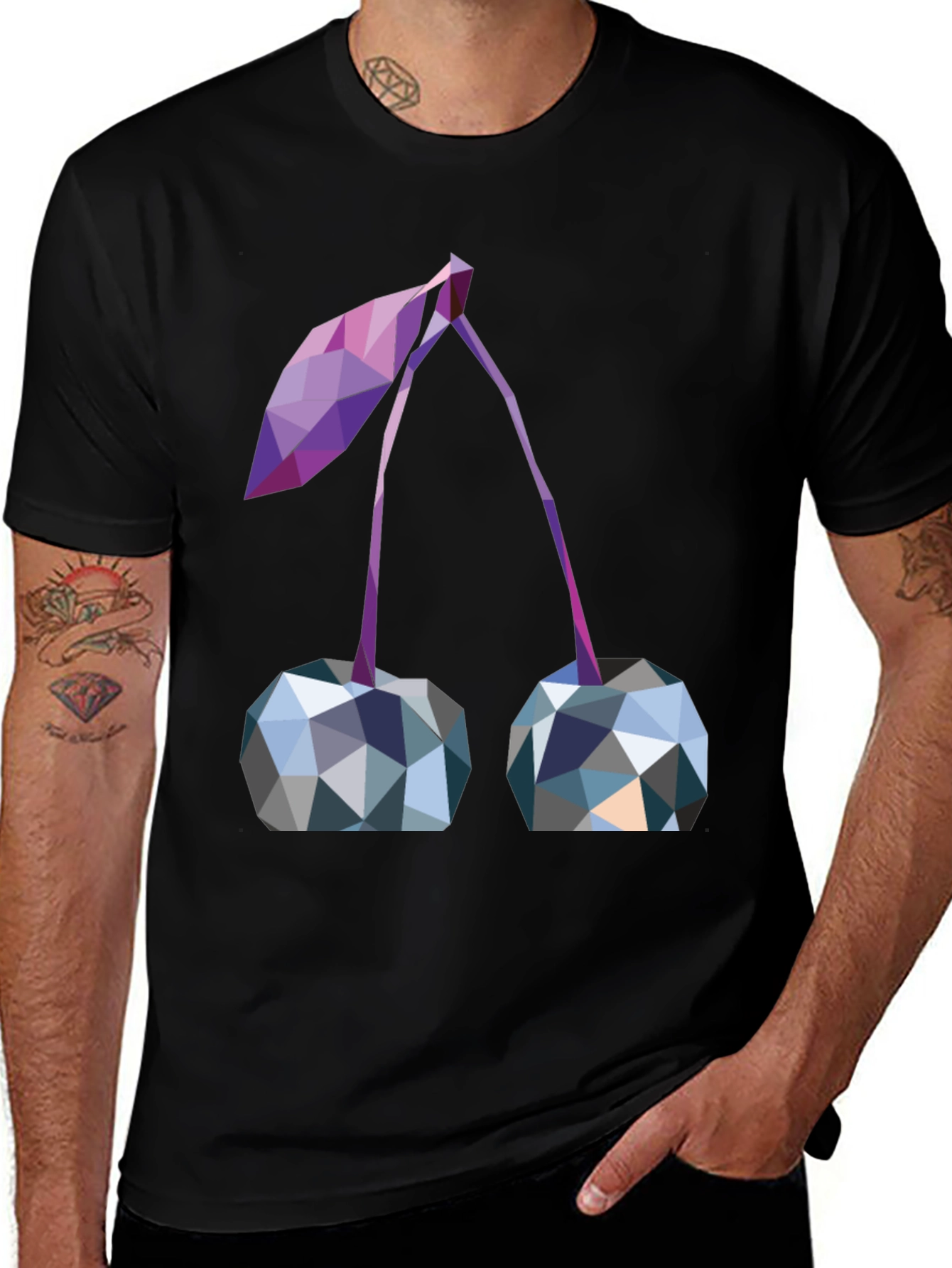 Variant 3 of Geometric Cherry Print Black T-Shirt