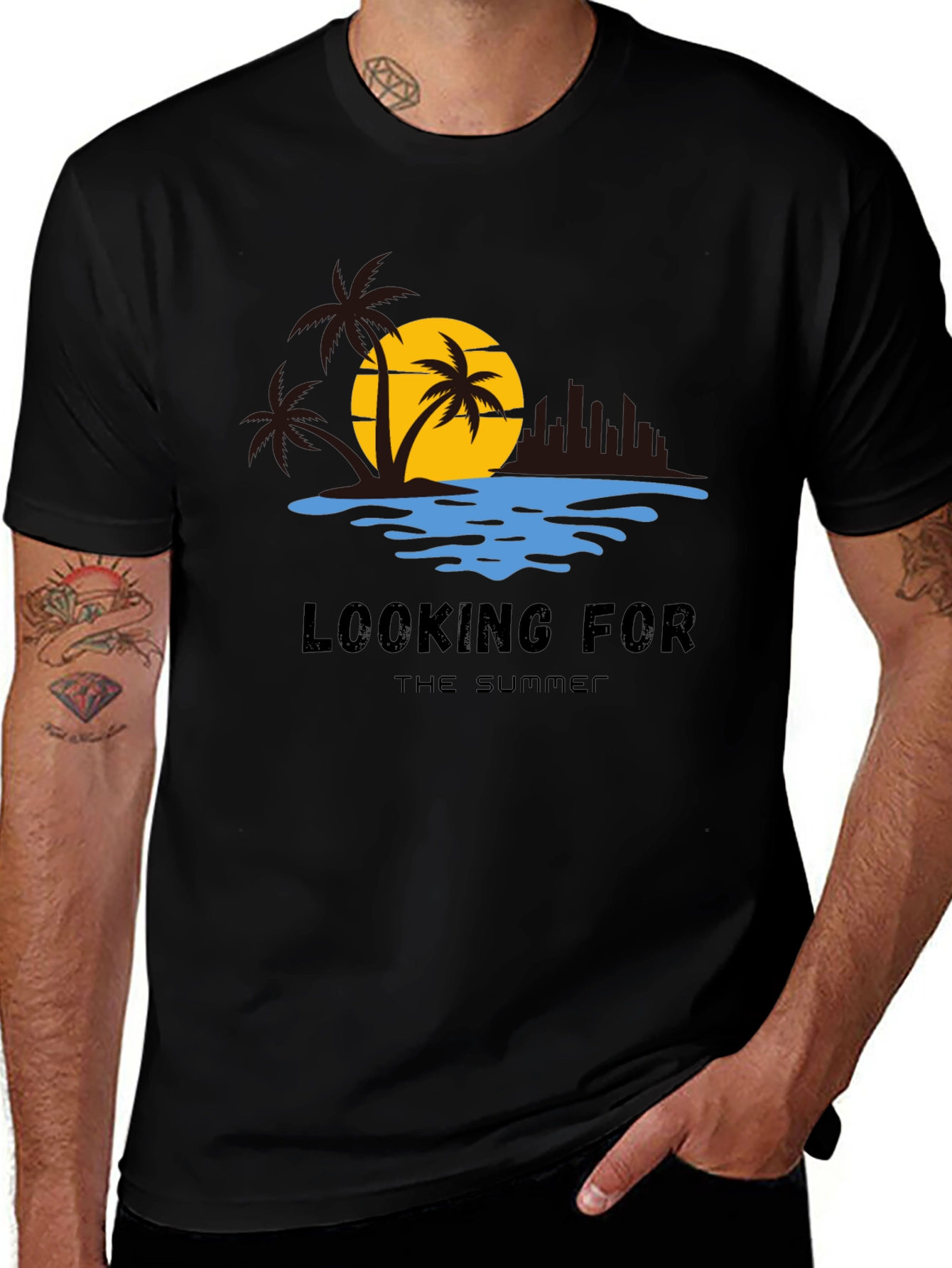 Variant 5 of Summer Seeker Tee: Palm Tree Beach Graphic Black T-Shirt