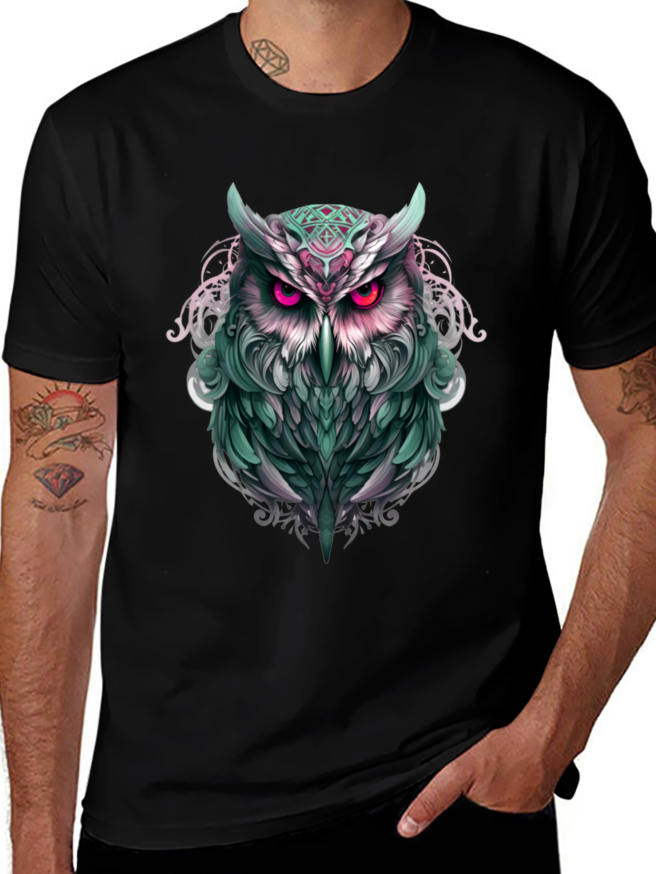 Variant 22 of Men's Black Owl Graphic Tee - Edgy Print
