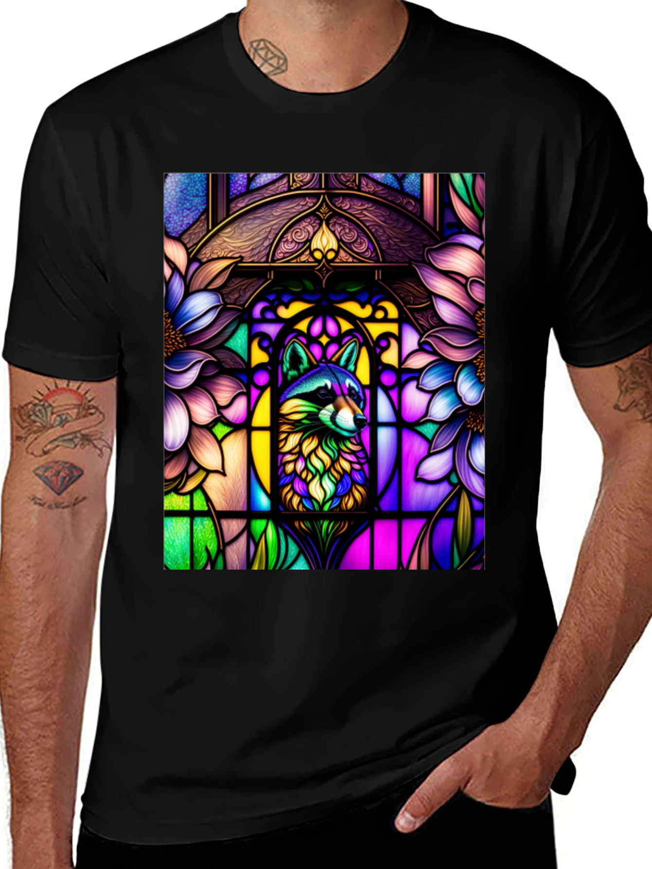Variant 12 of Stained Glass Raccoon Black T-Shirt