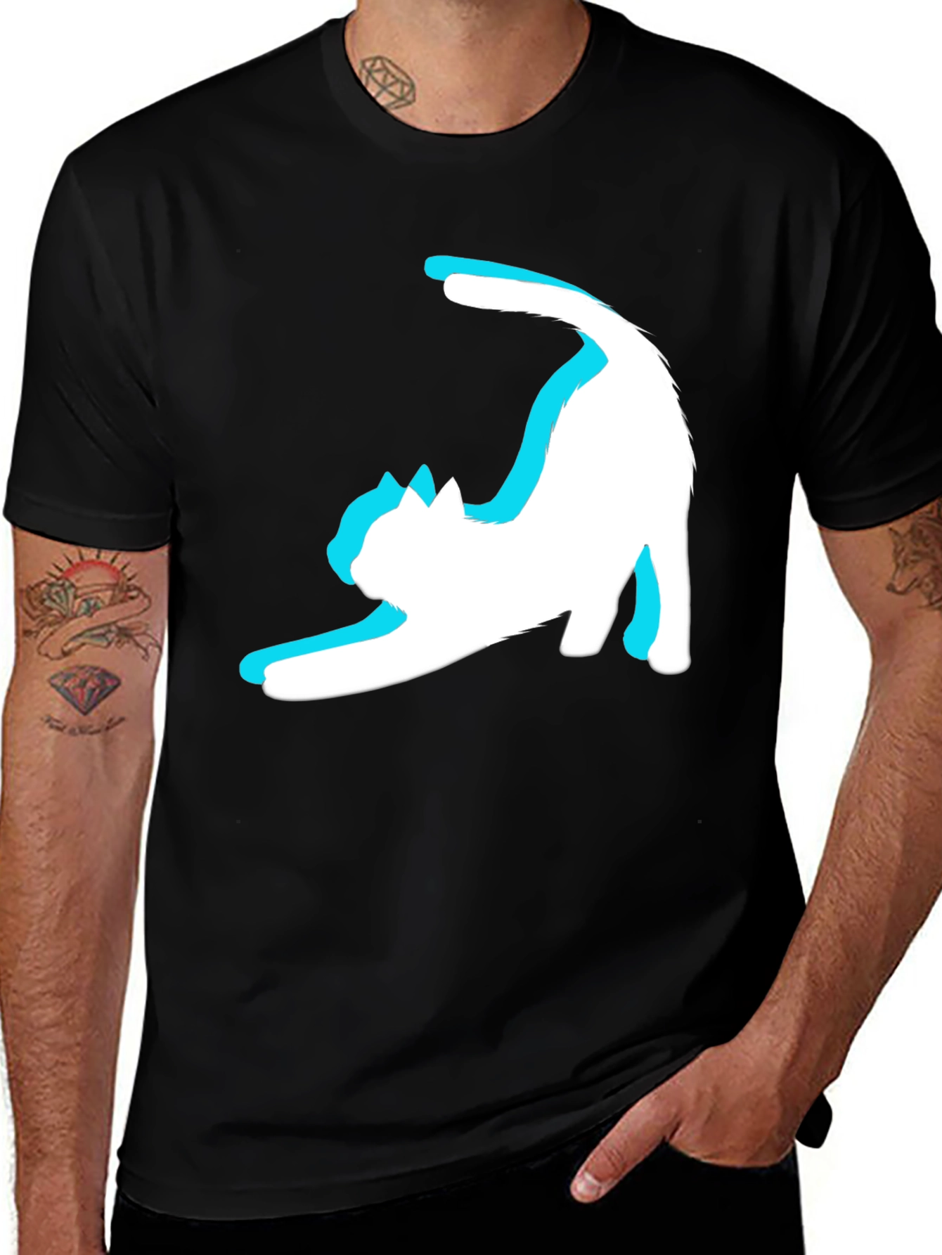 Variant 24 of Stretching Cat Graphic Tee - Black Cotton Shirt