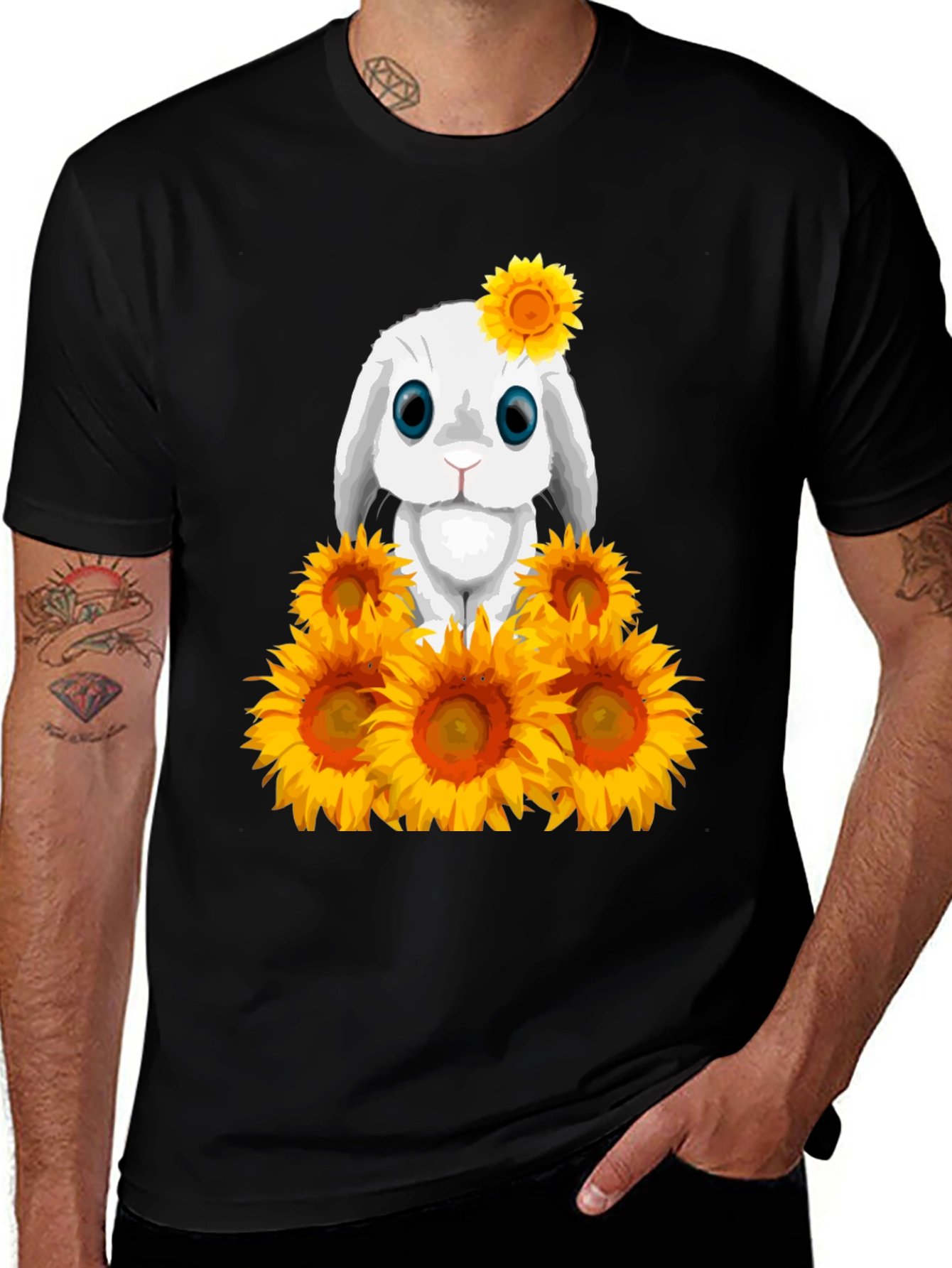 Variant 14 of Bunny Sunflower Graphic T-Shirt - Unisex Black Tee