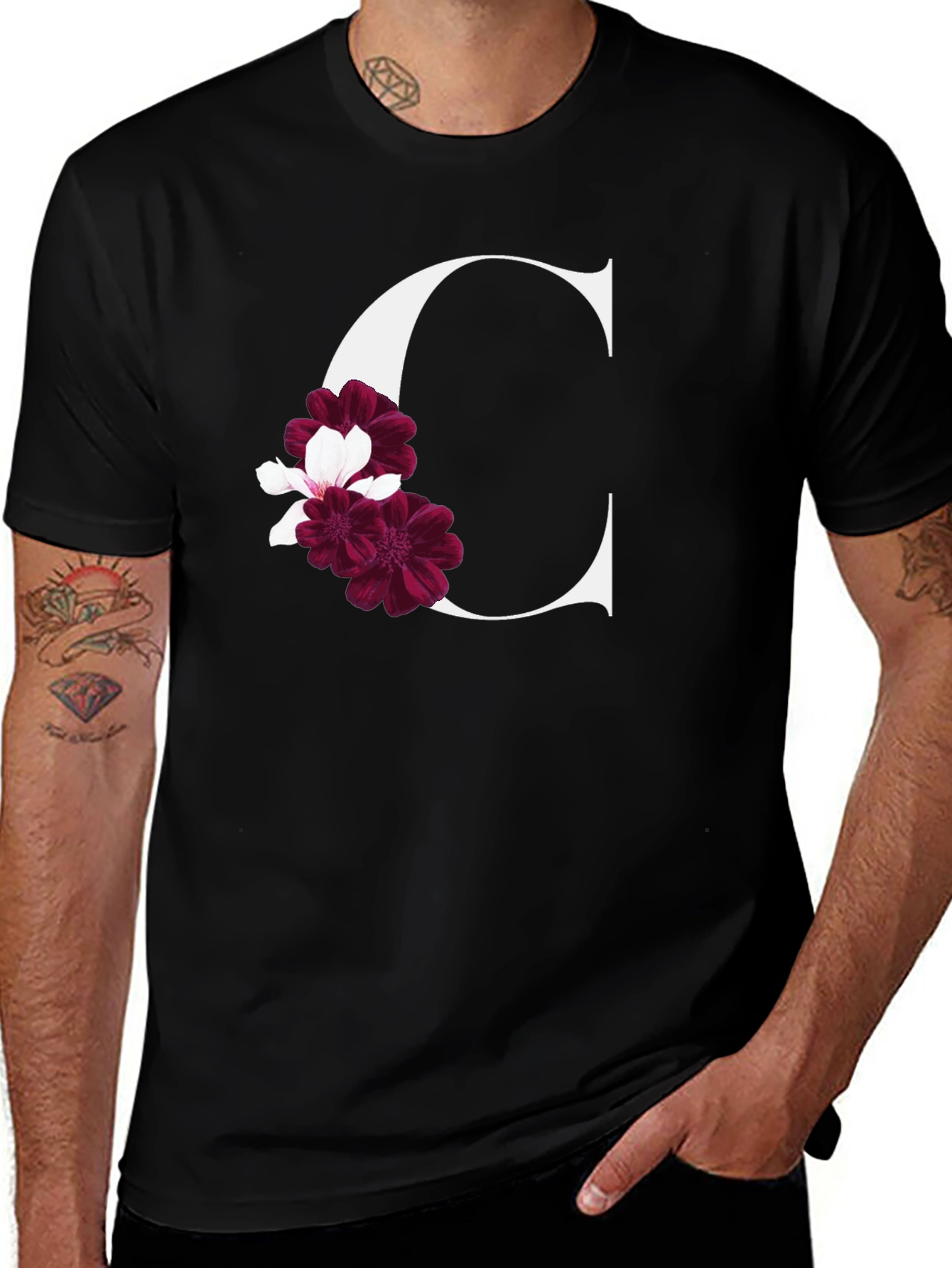 Variant 15 of Floral Initial 'C' Black T-Shirt