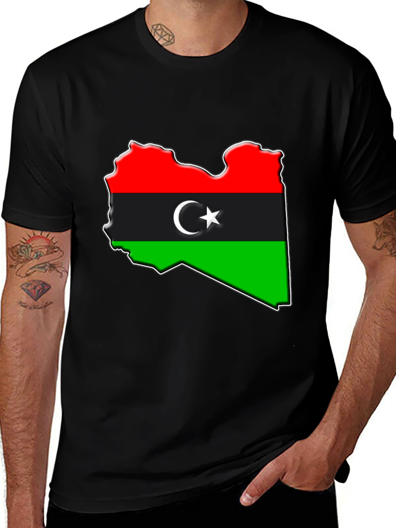 Libya Flag Map T-Shirt - Black Cotton Tee