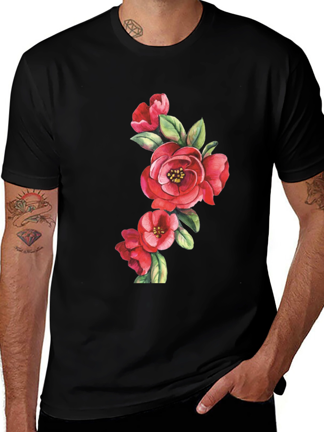 Variant 2 of Floral Print Black Casual T-Shirt