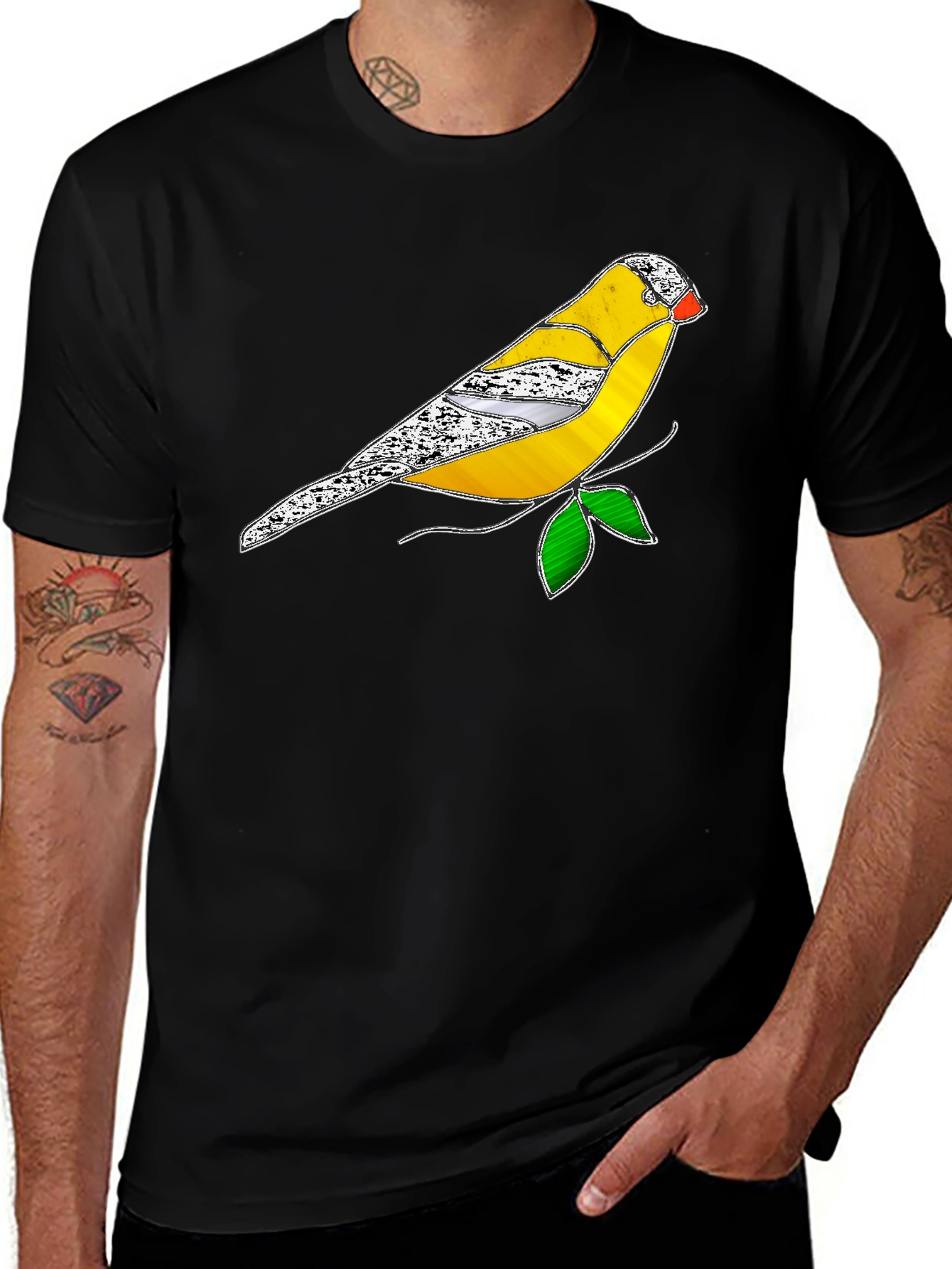 Variant 9 of Black T-Shirt with Stained Glass Bird Design