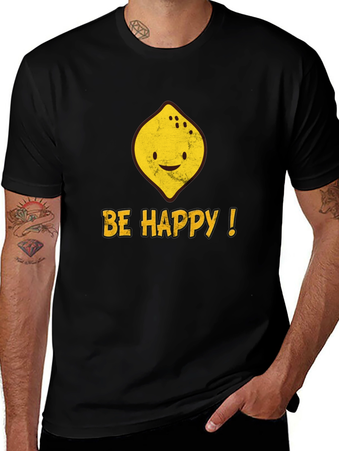 Variant 23 of Be Happy Lemon Graphic Tee - Black Cotton Casual Shirt
