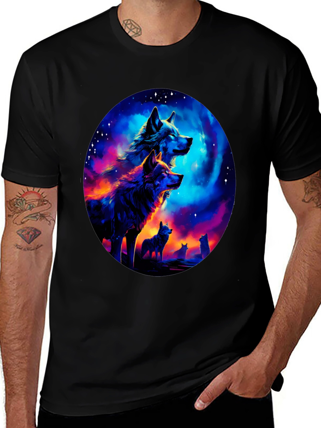 Variant 27 of Wolf Pack Galaxy Print Black T-Shirt