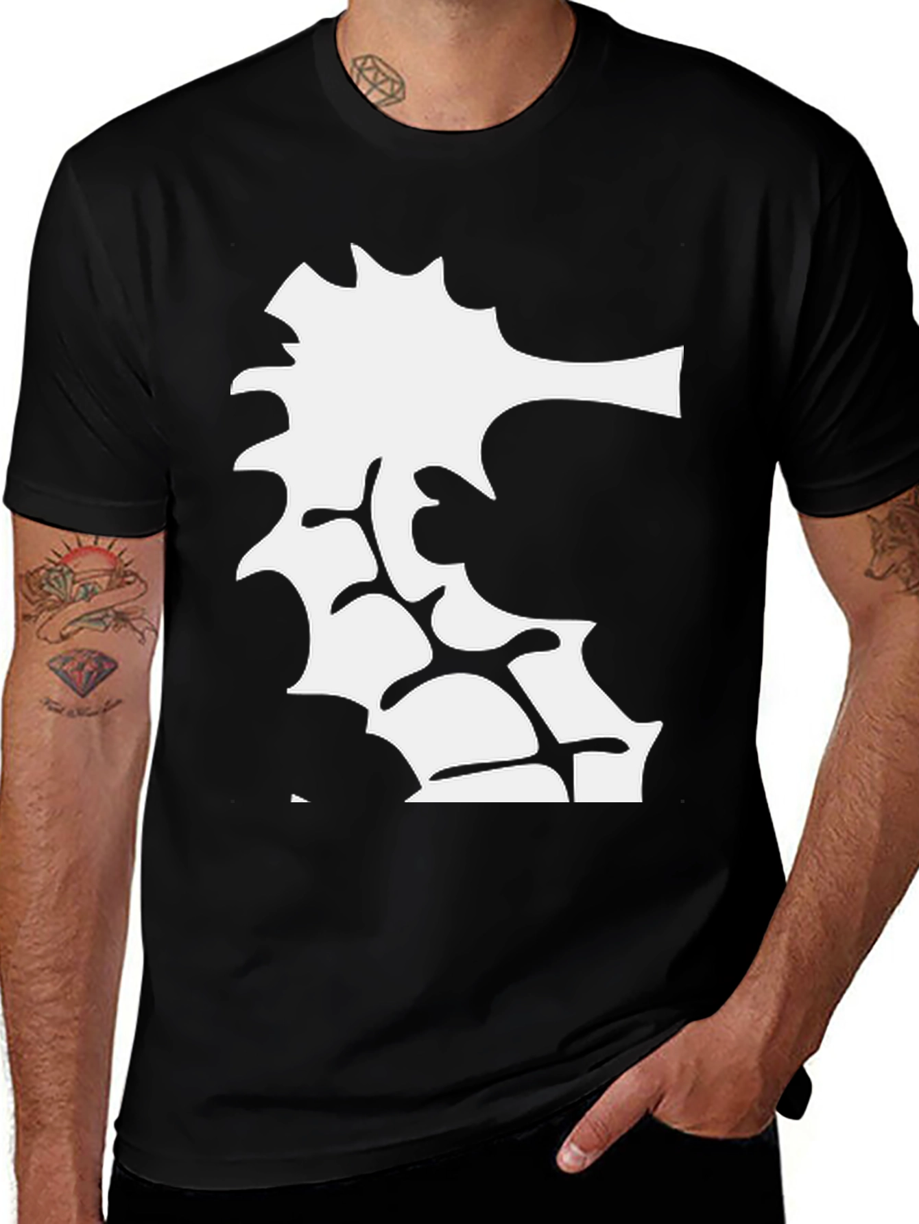 Variant 7 of Black T-Shirt with Abstract White Leaf Design