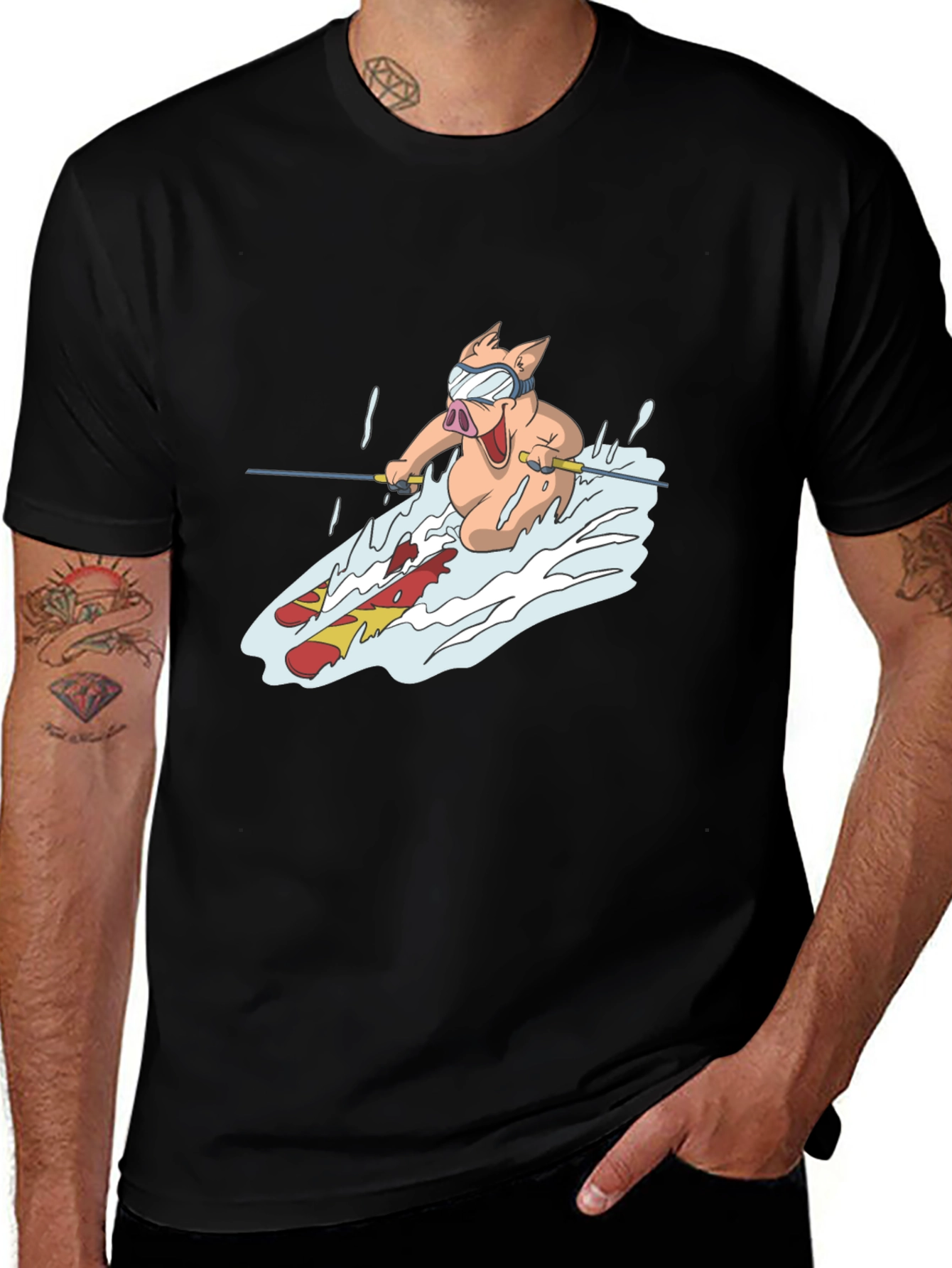 Variant 2 of Pig Skiing T-Shirt - Black Cotton Tee