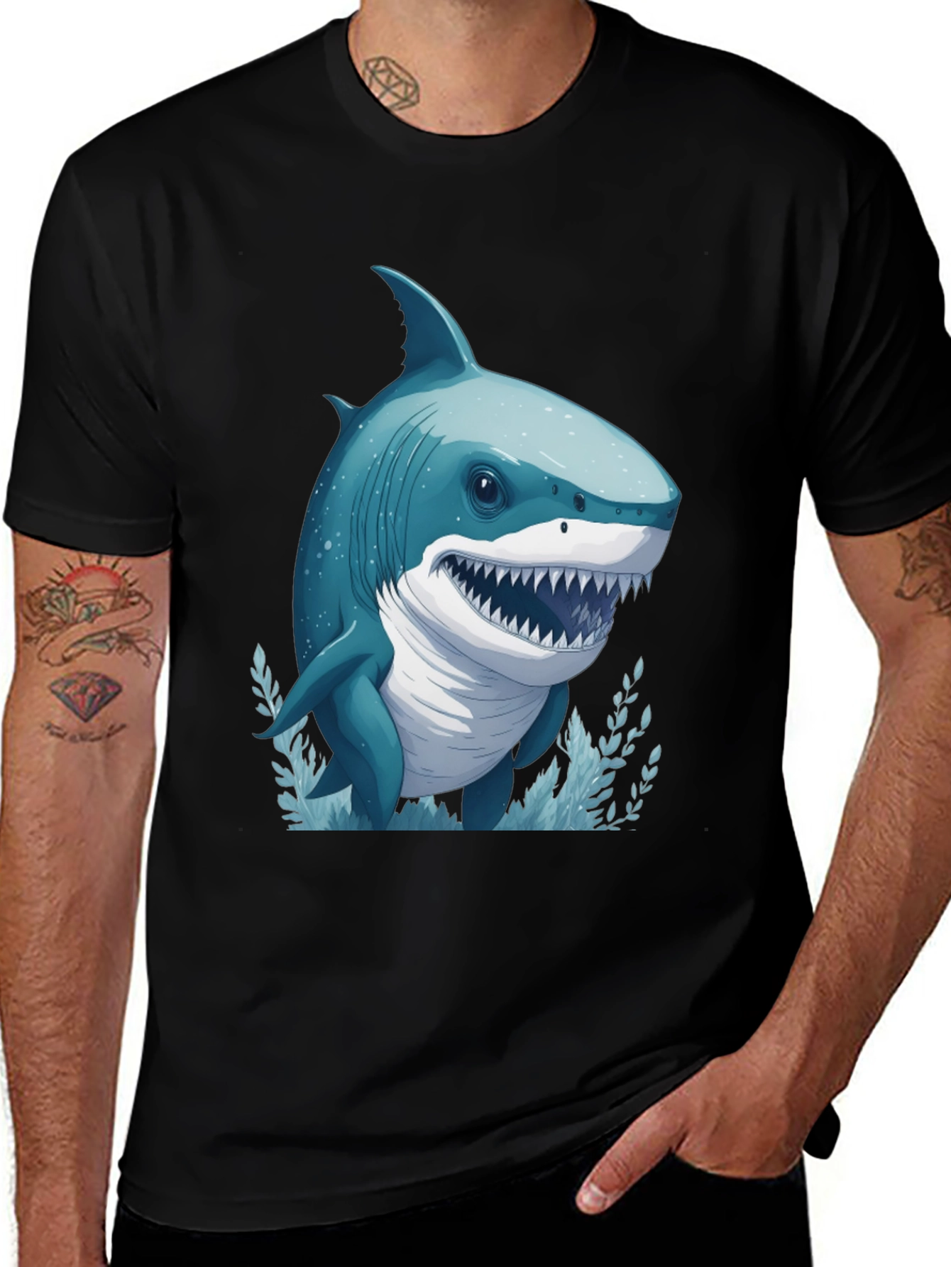 Cartoon Shark Graphic Black T-Shirt