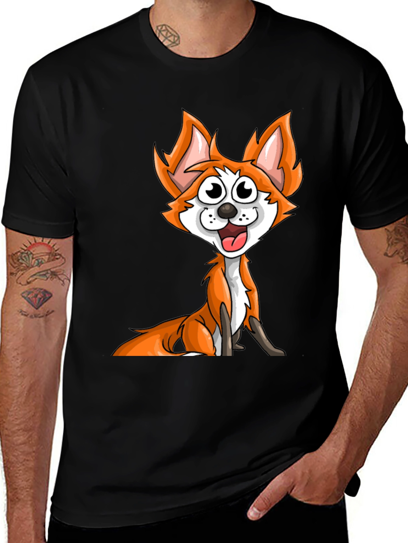 Variant 21 of Cartoon Fox Graphic Tee - Black Crew Neck T-Shirt