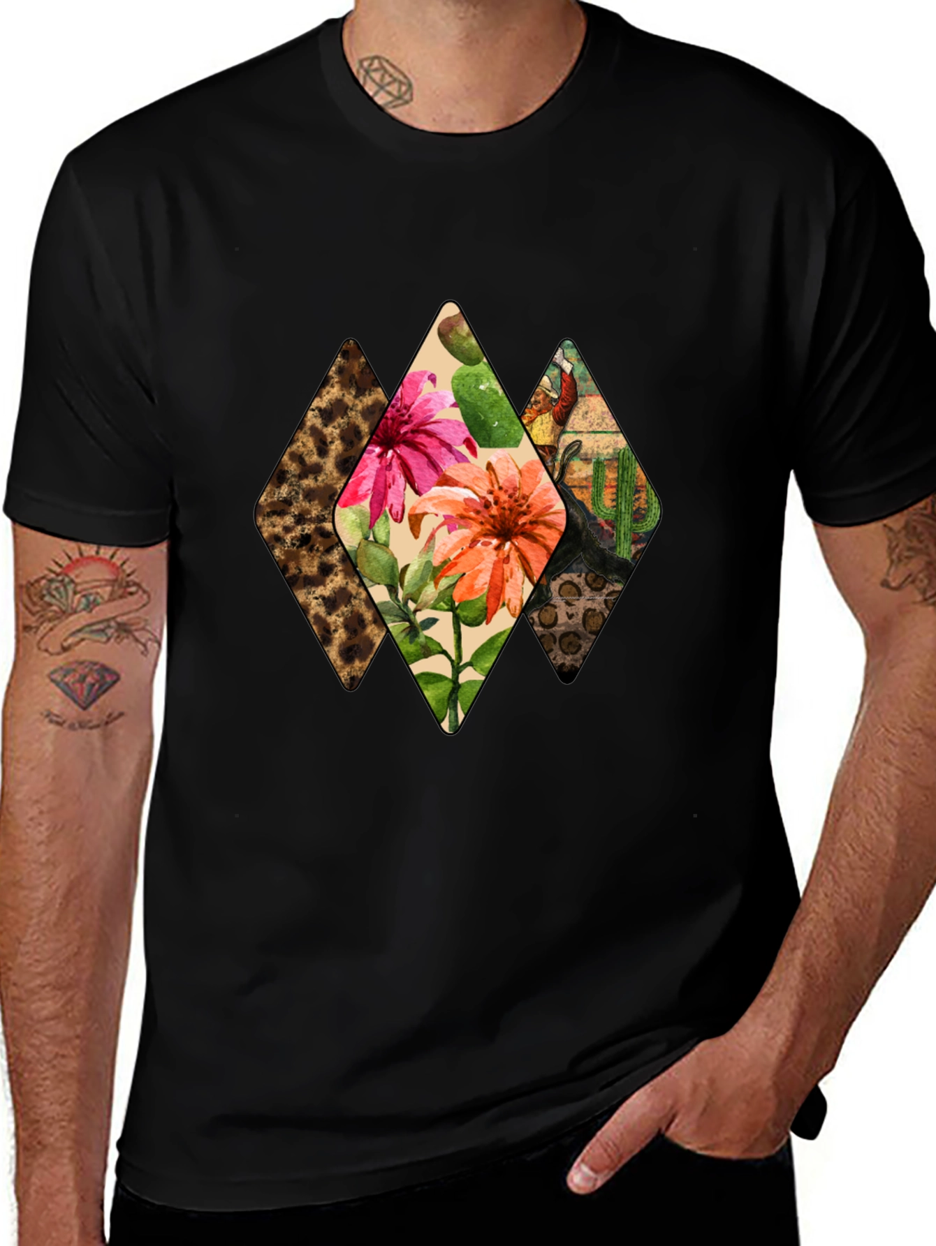 Variant 8 of Floral Diamond Print Black T-Shirt