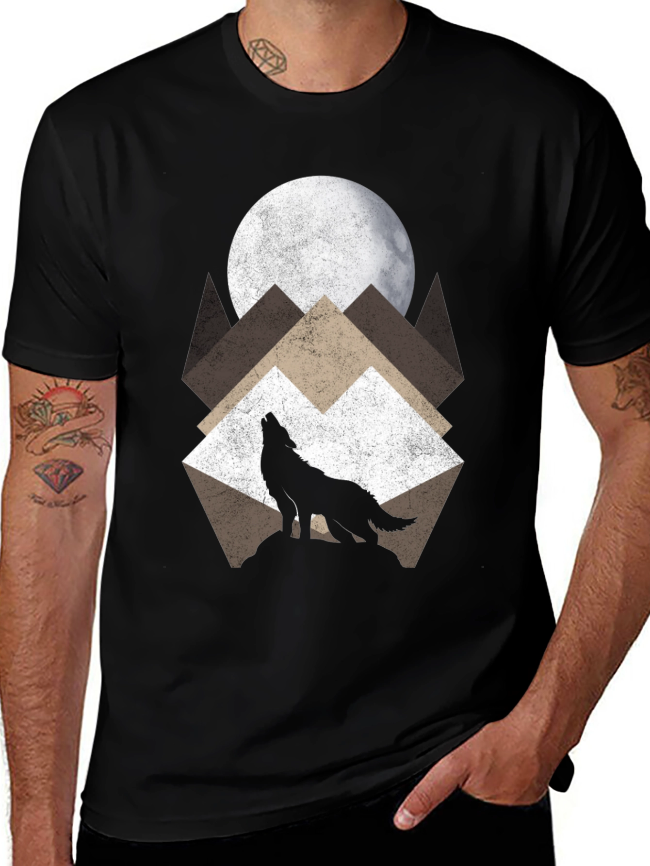 Variant 18 of Wolf Howling at Moon Graphic Tee - Black