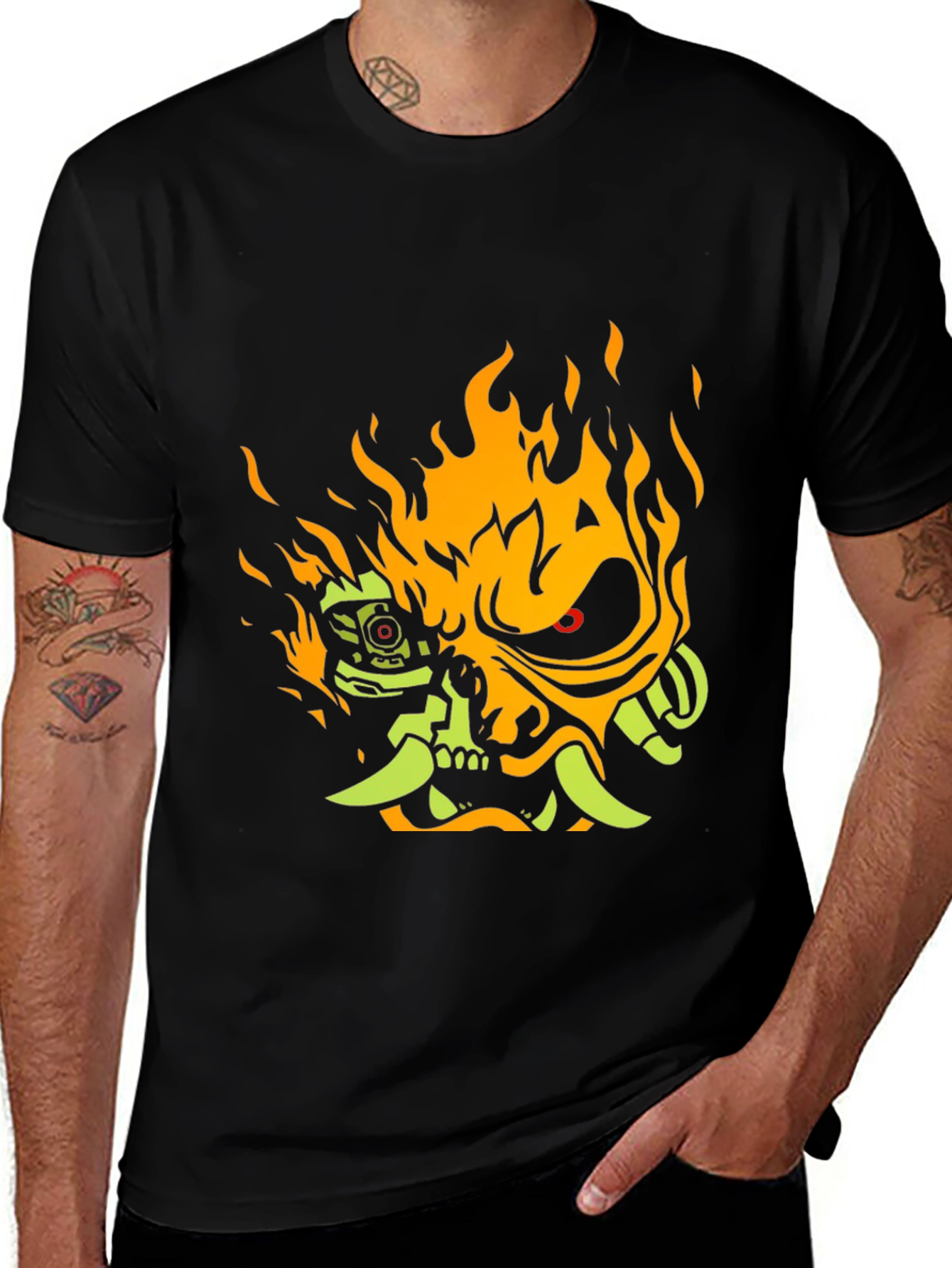Variant 14 of Cyberpunk Samurai Graphic Tee - Flaming Oni Design