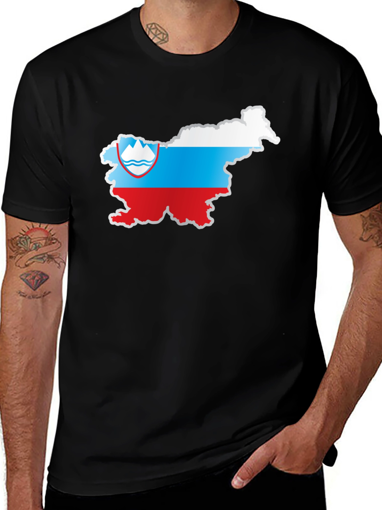Variant 21 of Slovenia Flag Map T-Shirt - Black Crew Neck Tee
